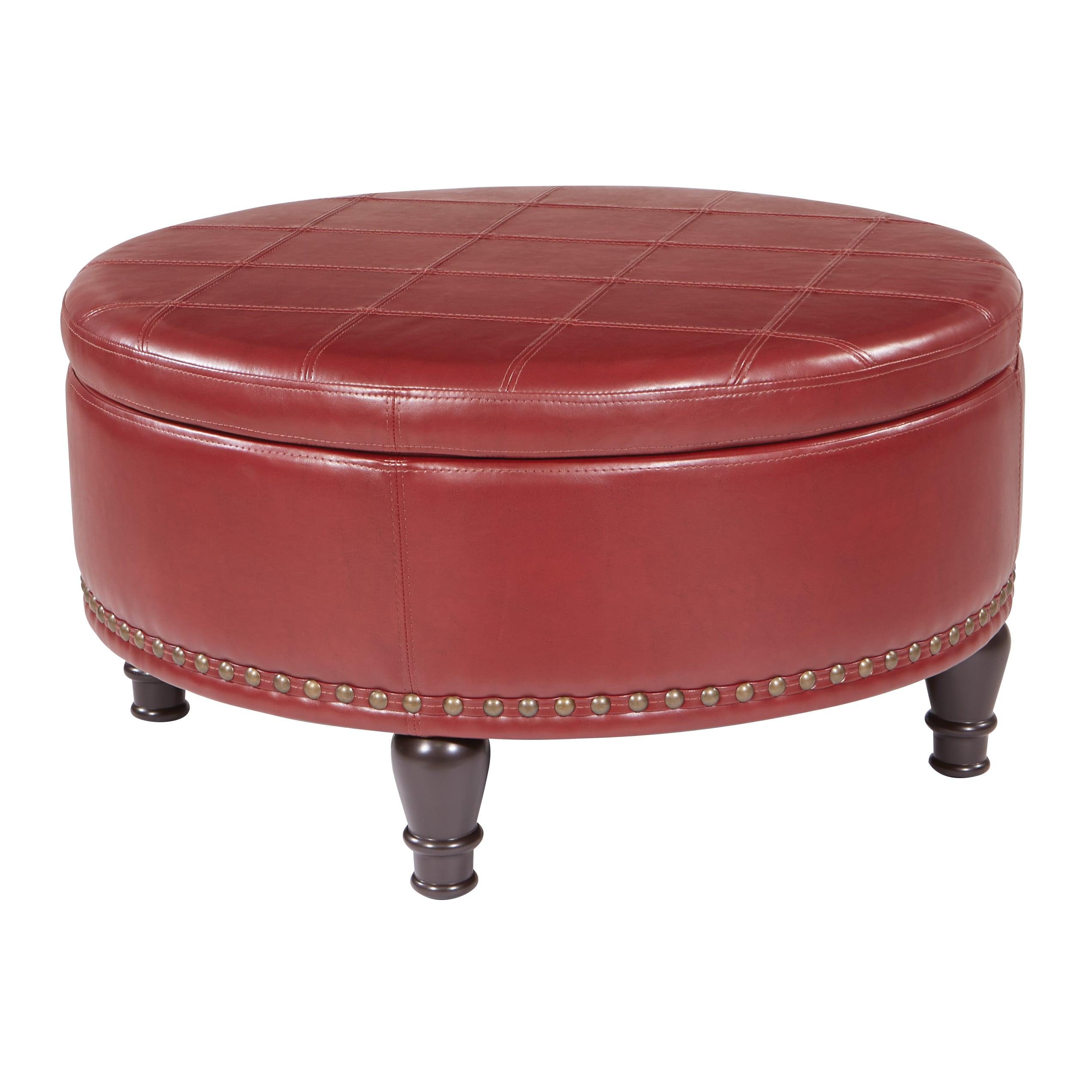 OSP Home Furnishings Augusta Round Storage Ottoman in Crimson Red Bonded Leather with Decorative Nailheads
