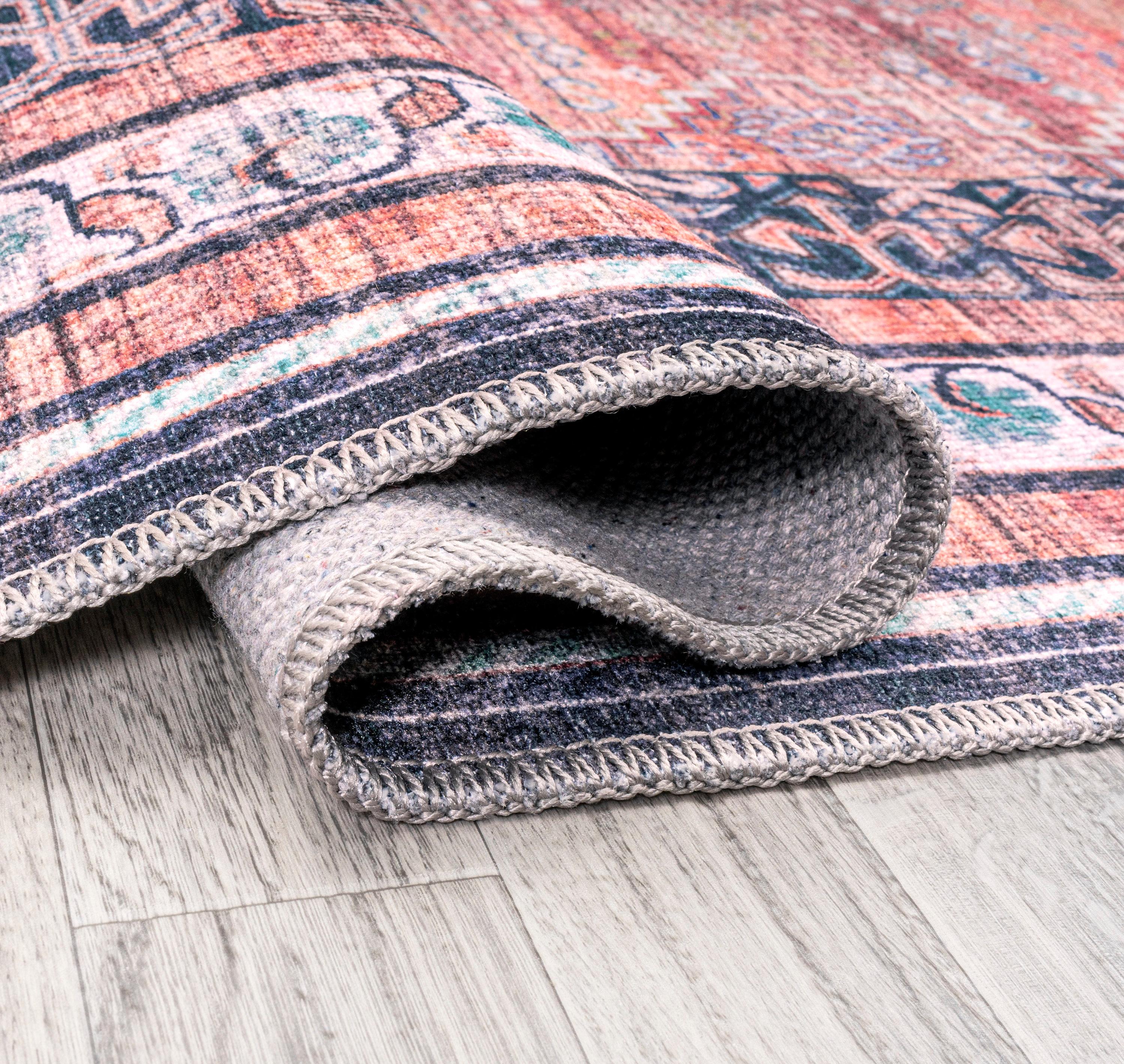4' x 6' Dalyan Geometric Medallions Machine Washable Indoor/Outdoor Area Rug, Terra/Navy - JONATHAN Y