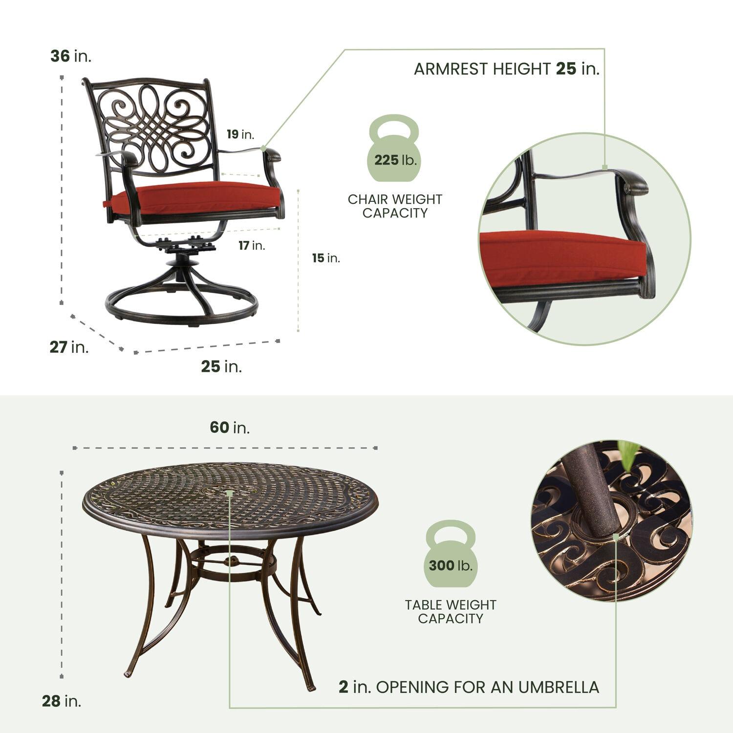 Hanover Traditions 7 Pcs Aluminum Outdoor Dining Set with Cast-top Table, Red
