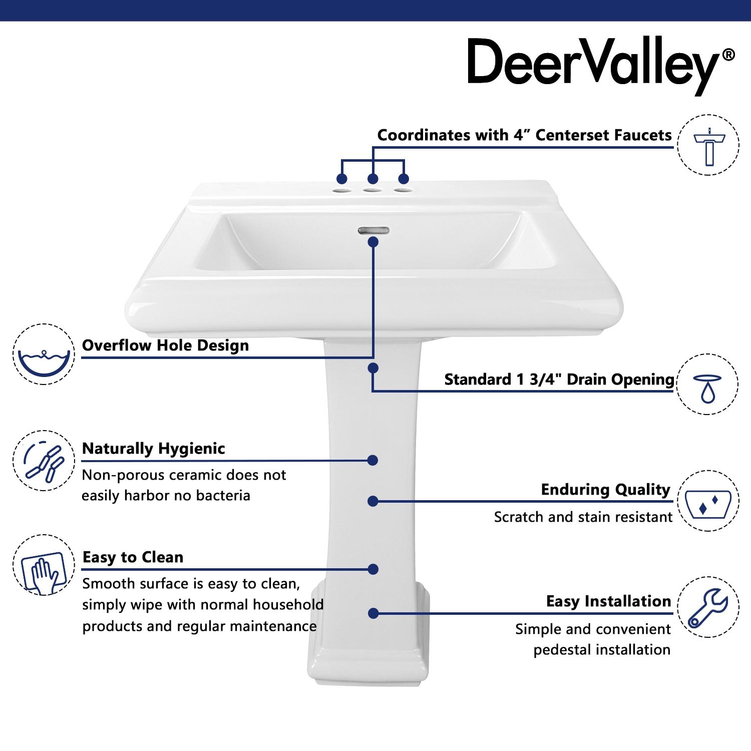 DeerValley Apex 34" Tall Rectangular Vitreous China Pedestal Bathroom Sink with Overflow DV-1P521