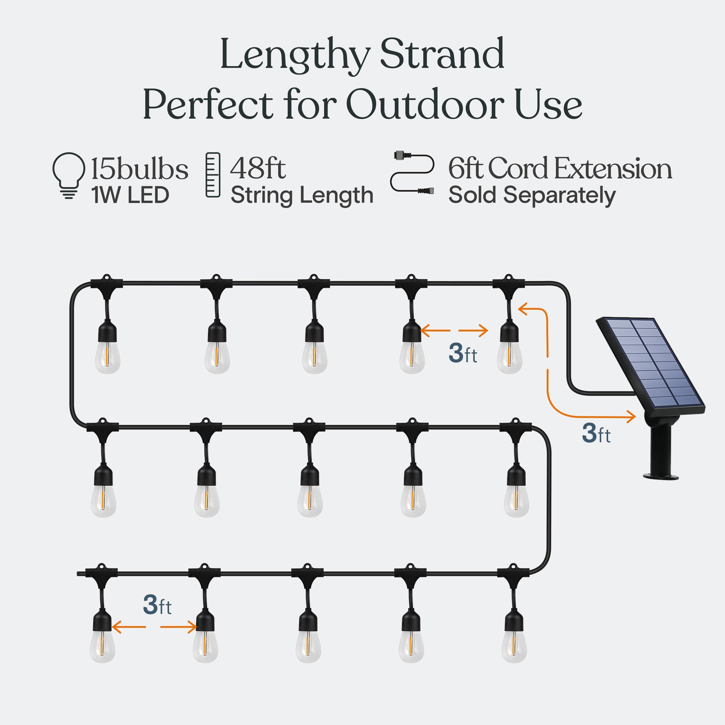 Brightech Ambience Pro 48 ft. Solar-Powered Outdoor LED String Lights with 15 Warm White S14 Bulbs, Weatherproof and Commercial-Grade Cord