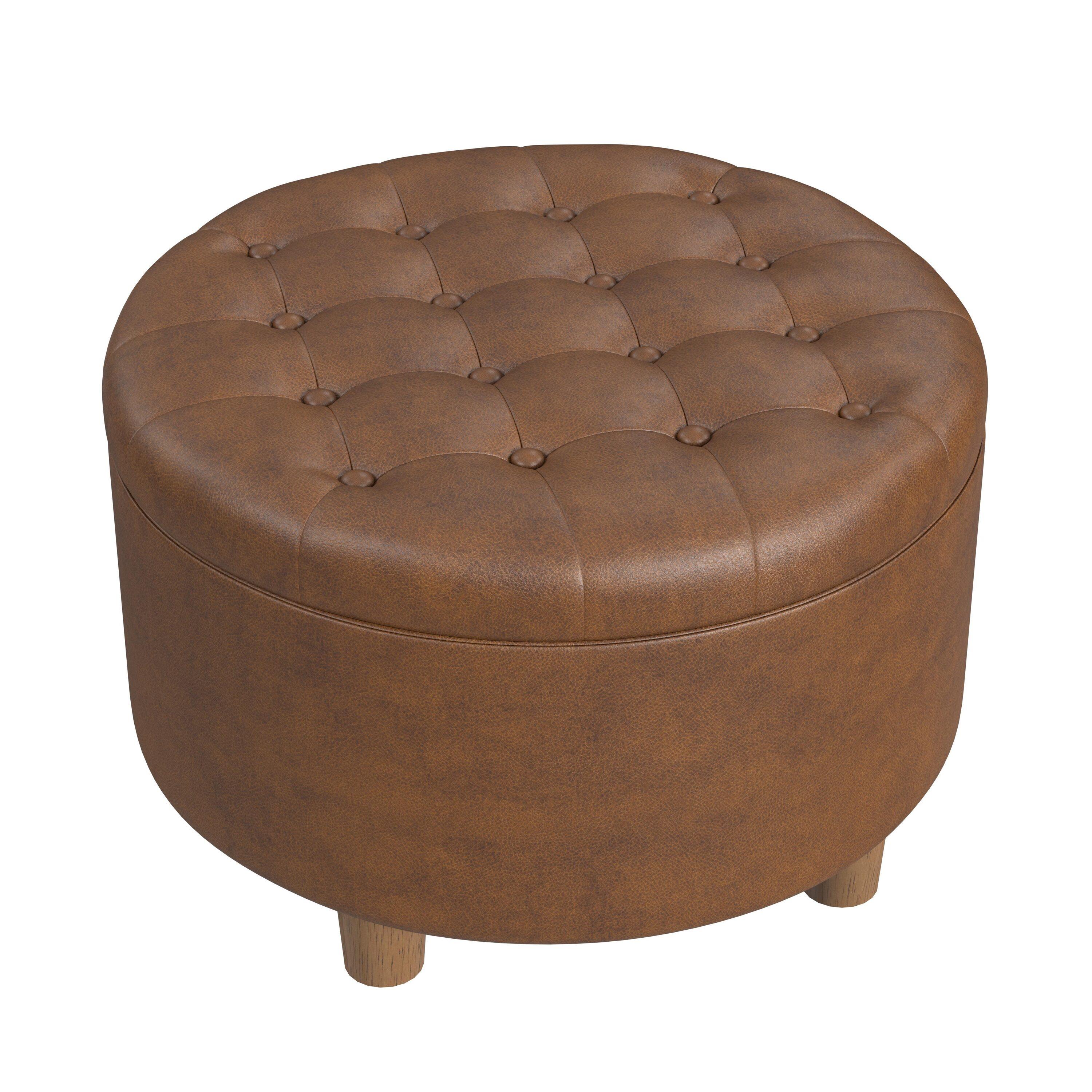 HomePop Tufted Faux Leather Round Storage Ottoman Brown: Upholstered Traditional Decor, Hardwood Frame