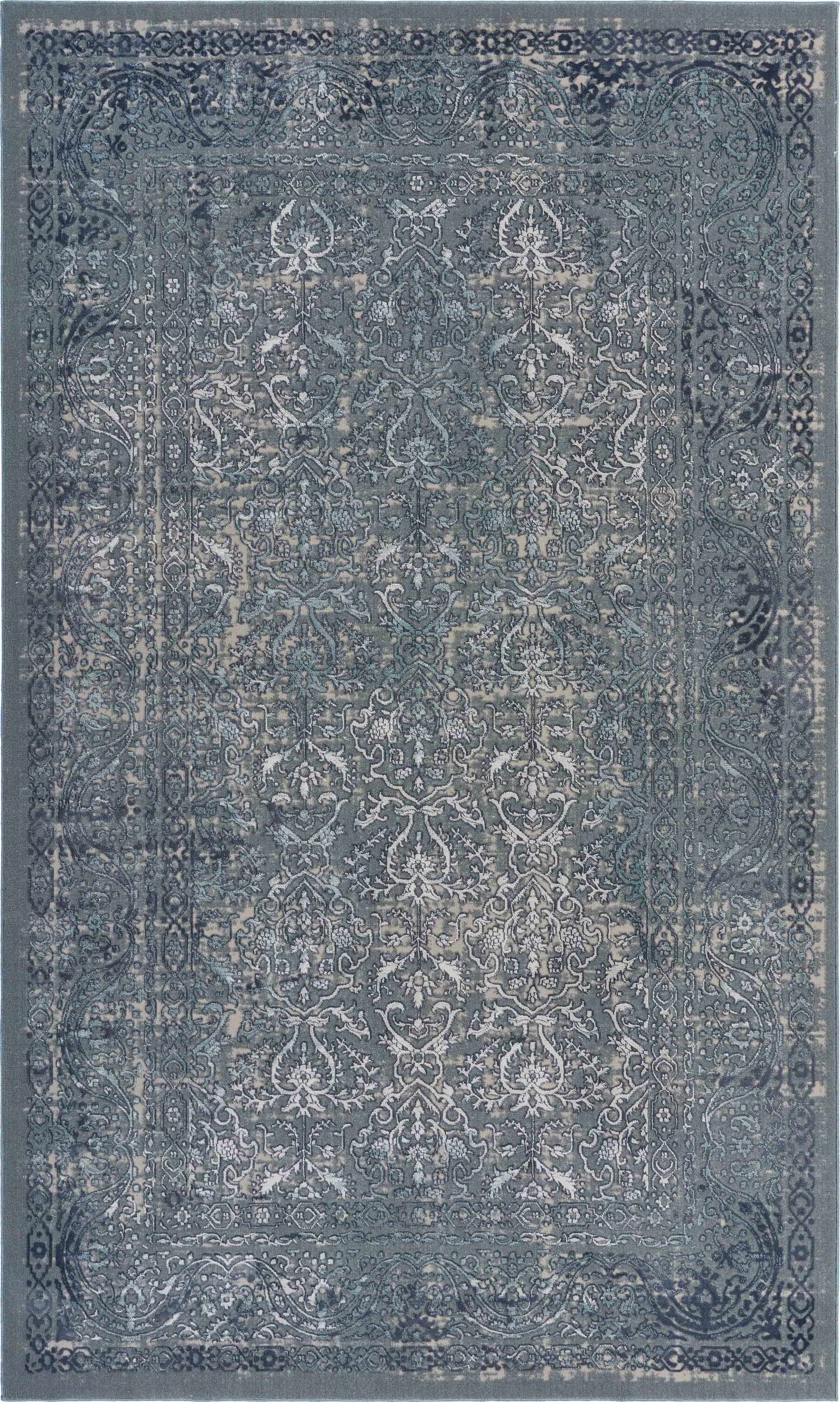 LR Home Imara Amety Blue/Silver Traditional Damask Polyester Area Rug, 9'6" x 13'