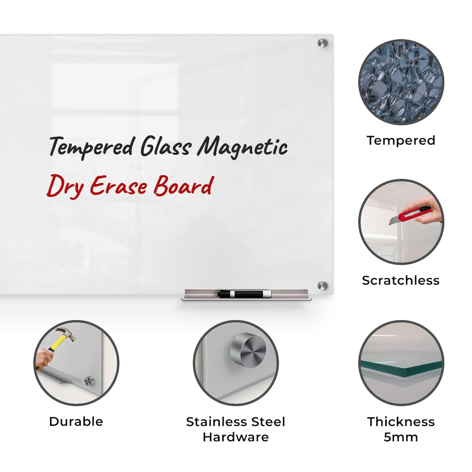 Floating Magnetic Eraser Glass Board 24" X 36" Inches Eased Corners - White Low Iron Glass