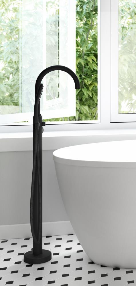 STRETTO 6732 Acrylic Freestanding Soaking Bath Univ End Drain White/White With NW50827 Round Tub Filler Chrome