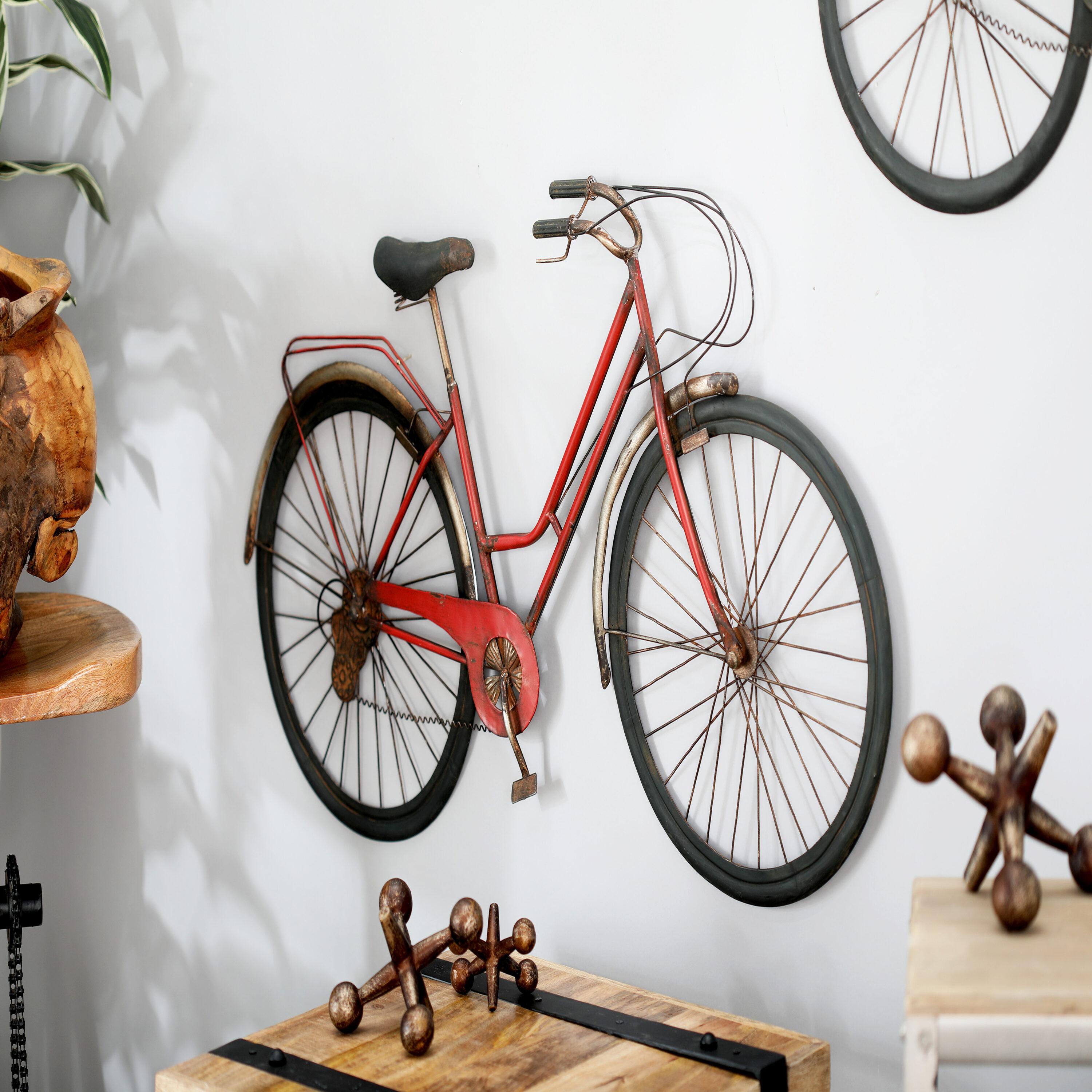 Red Iron Vintage Bicycle Wall Sculpture with Seat and Handles