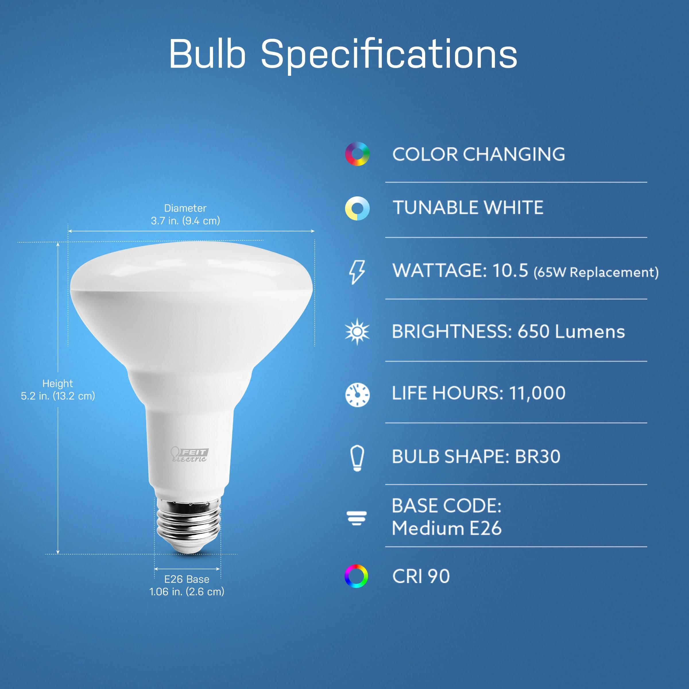 Feit Electric Smart LED Bulb 65W Equivalent Full Color/Tunable White, BR30, Med E26 Base, Dimmable