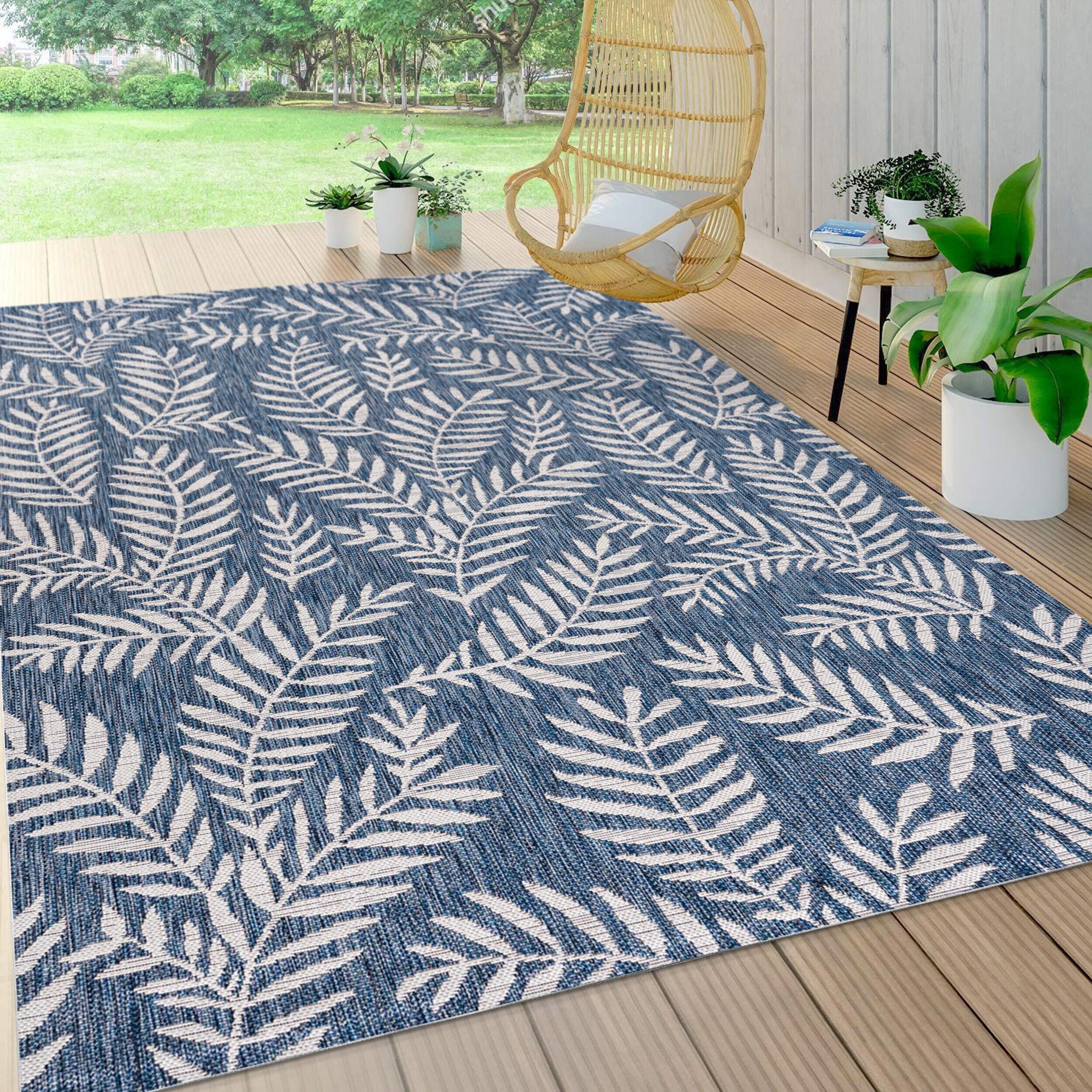 5'x8' Nevis Palm Frond Indoor/Outdoor Area Rug, Navy/Ivory - JONATHAN Y