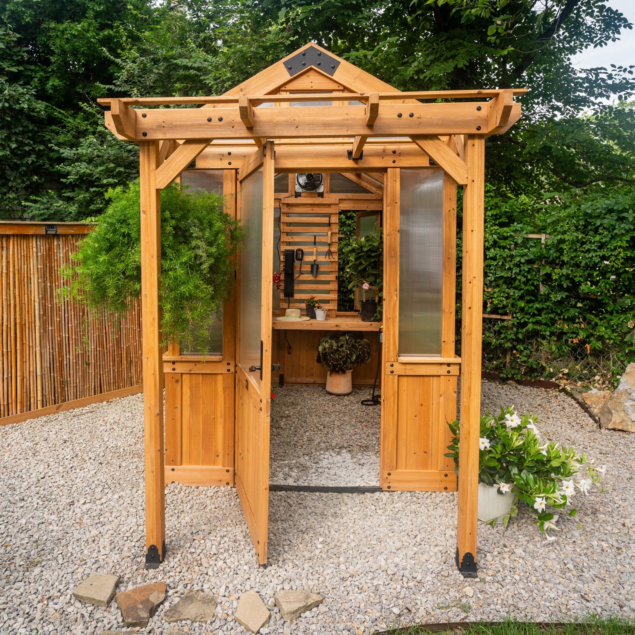 Backyard Discovery Bellerose 9' x 6' Cedar Wood and Polycarbonate Greenhouse Kit, Pergola