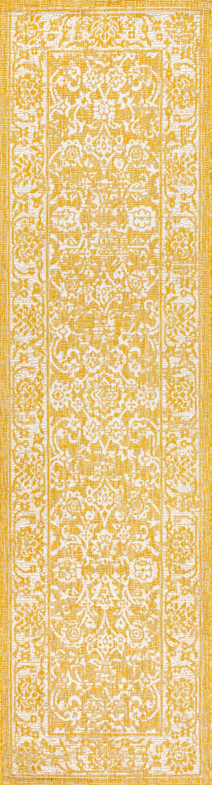 2' x 8' Tela Bohemian Styled Textured Weave Floral Indoor/Outdoor Runner Rug, Yellow/Cream - JONATHAN Y