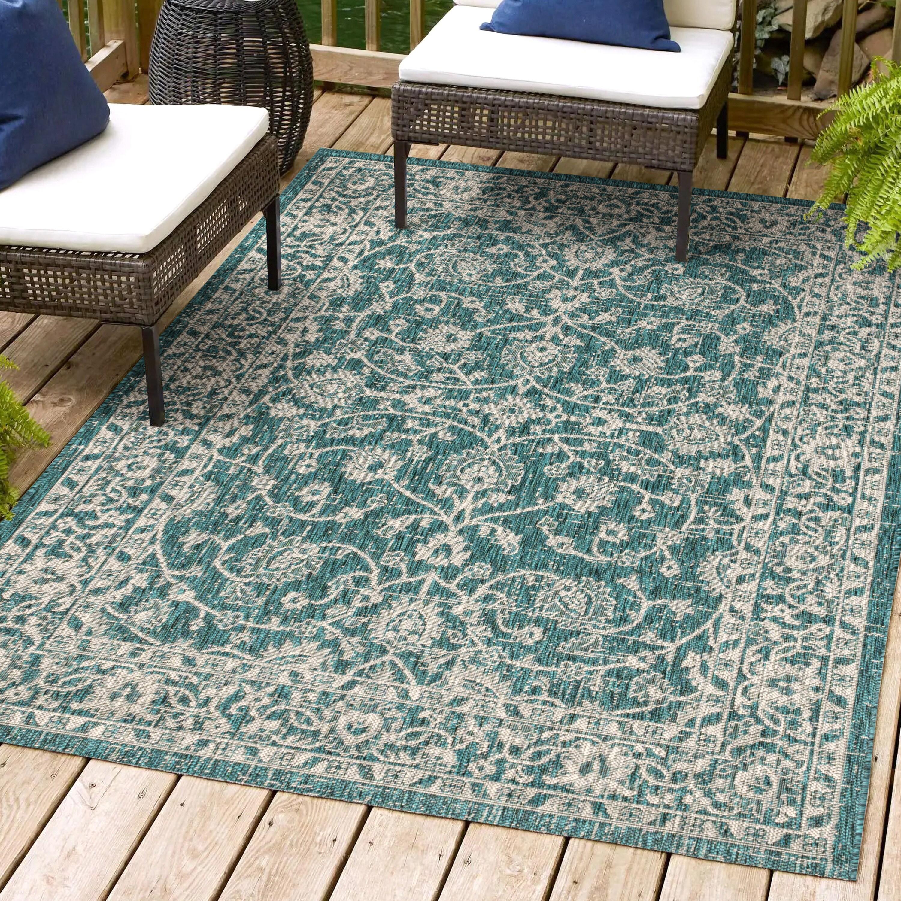 4'x6' Palazzo Vine and Border Textured Weave Indoor/Outdoor Area Rug, Teal/Gray - JONATHAN Y
