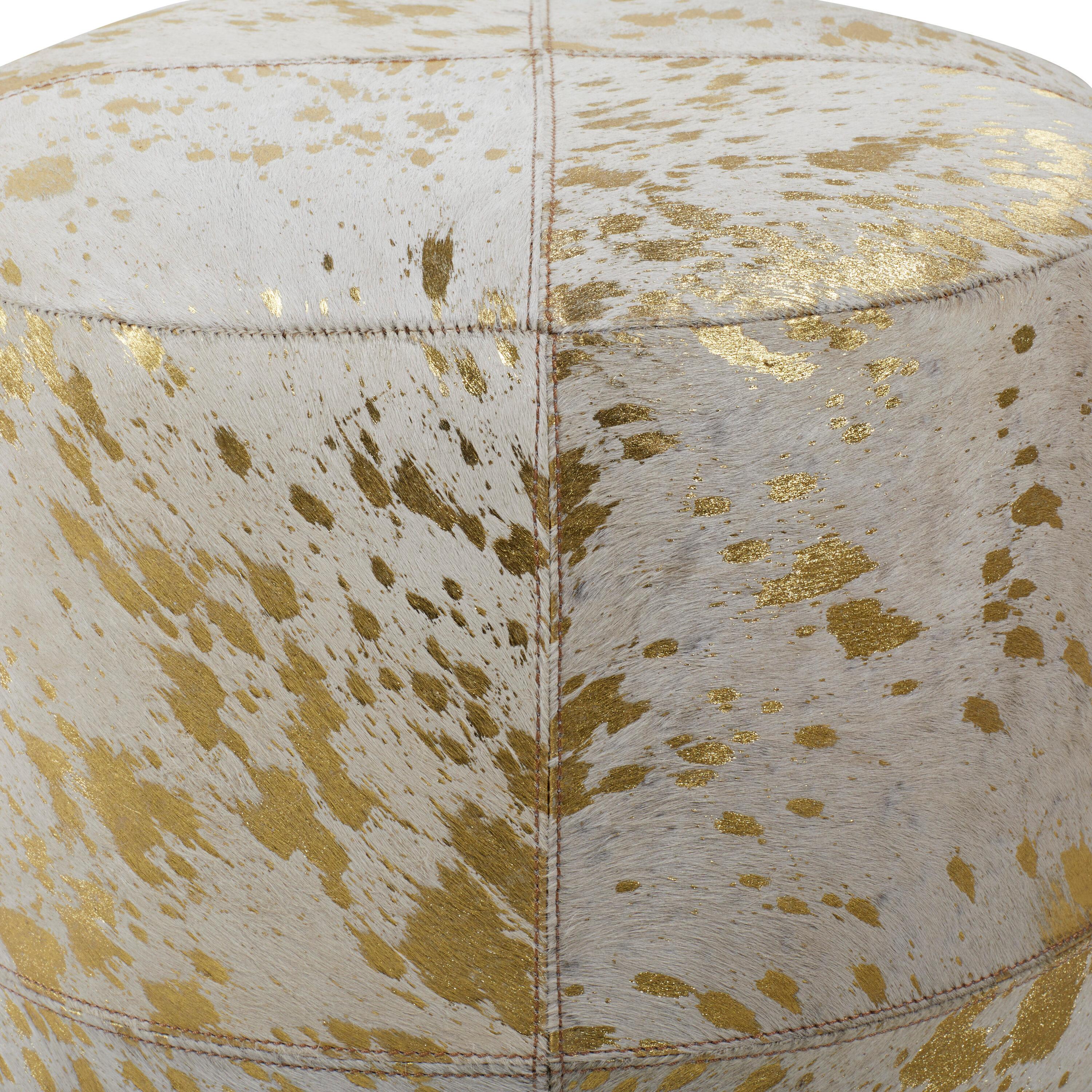 DecMode 16" x 17" Gold Leather Handmade Stool with Gold Foil Paint, 1-Piece
