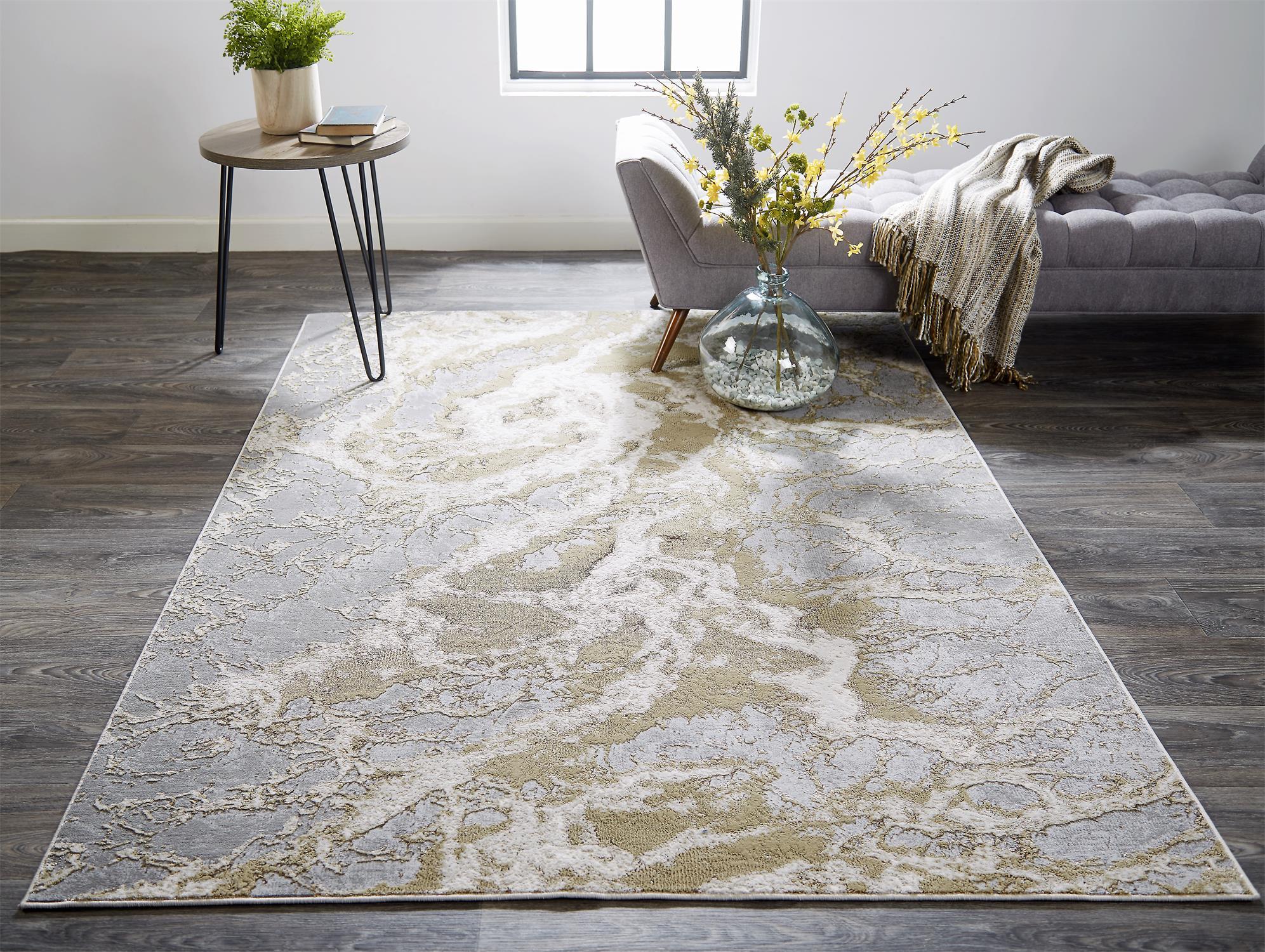 Feizy Aura Modern Abstract, Ivory/Silver/Gold, 12' x 15' Area Rug Easy Care Stain Resistant Fade Resistant Industrial Watercolor Floor Rug for Living room Bedroom