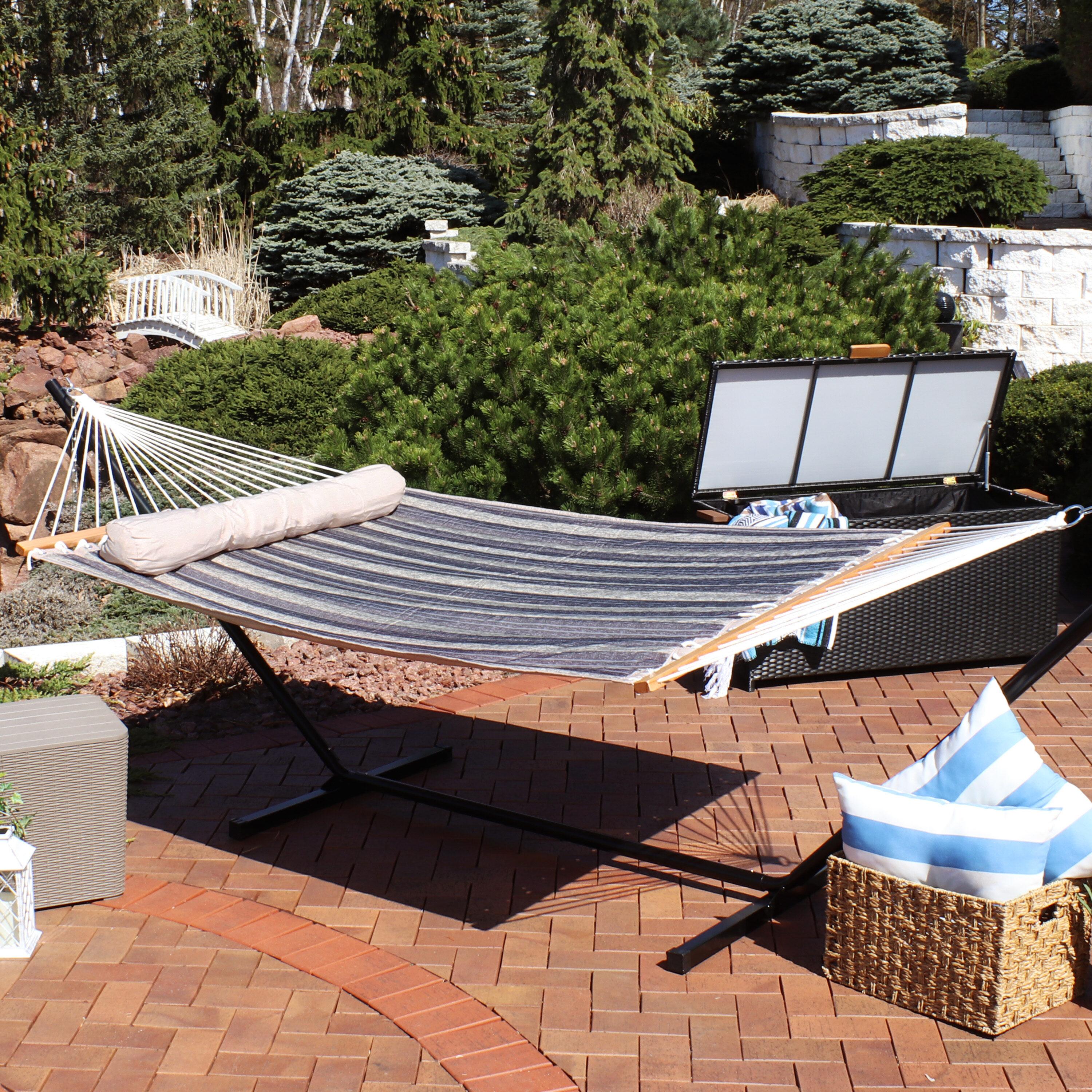 Gray and Blue Striped Quilted Polyester 2-Person Hammock with Spreader Bars