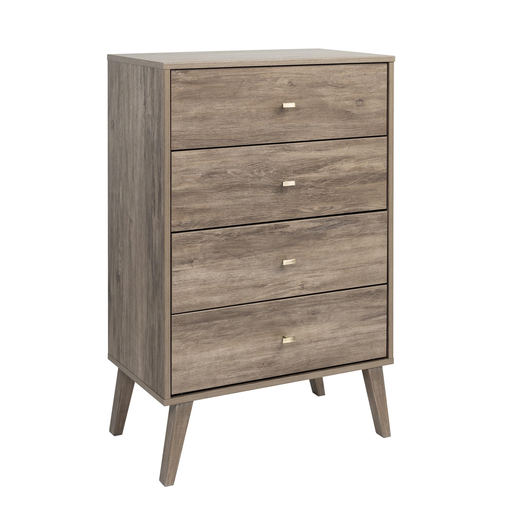 Mid-Century Modern 4 Drawer Chest Drifted Gray - Prepac: Sleek Bedroom Storage, Brass Knobs