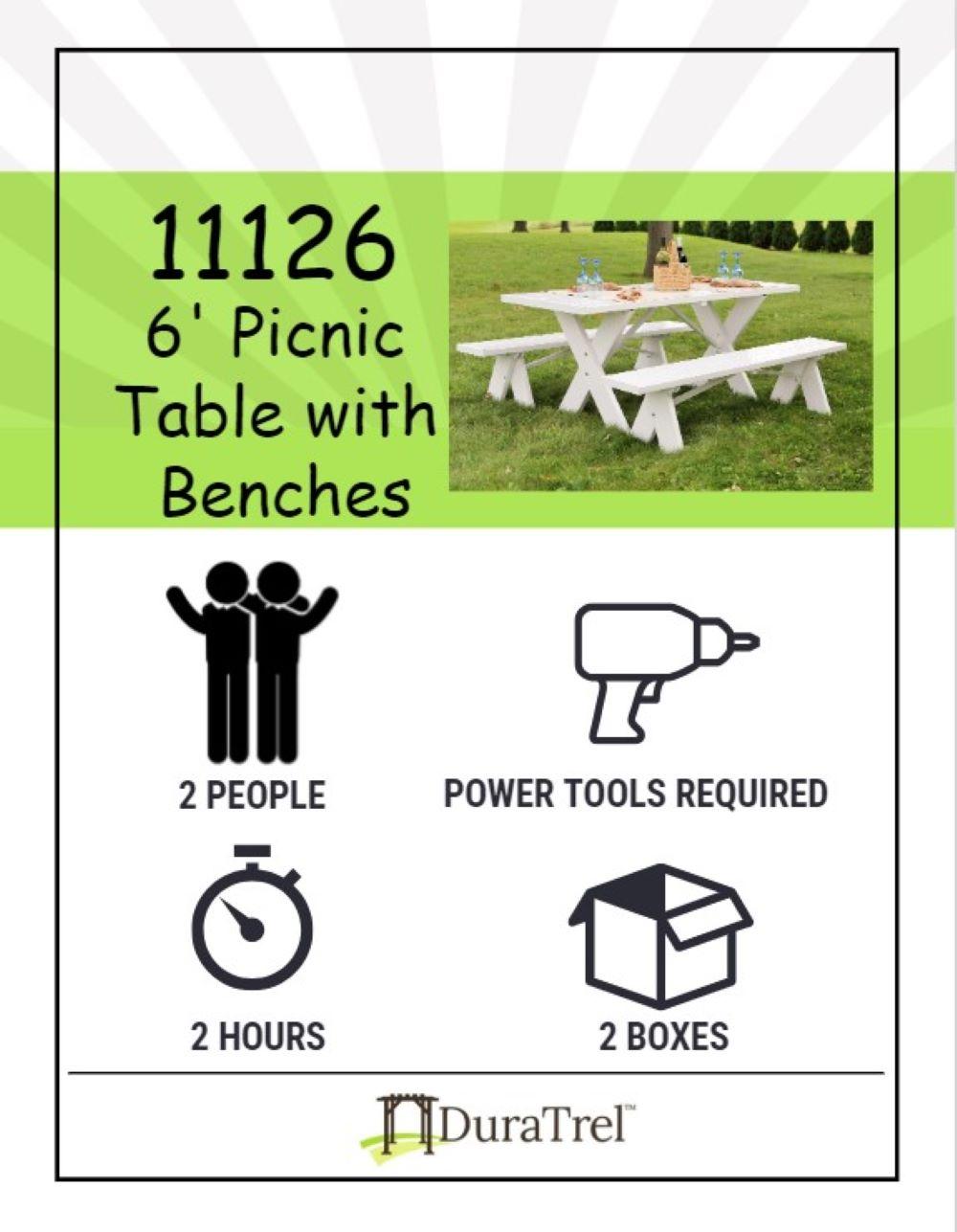 DuraTrel 6' White Vinyl Picnic Table with Benches