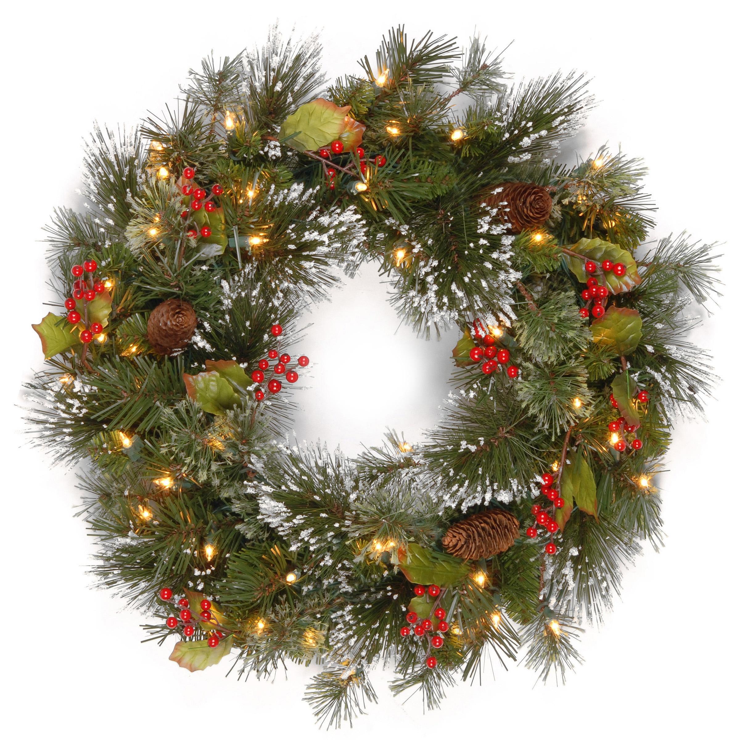 24" Prelit Wintry Pine Christmas Wreath with Cones and Berries White Lights - National Tree Company