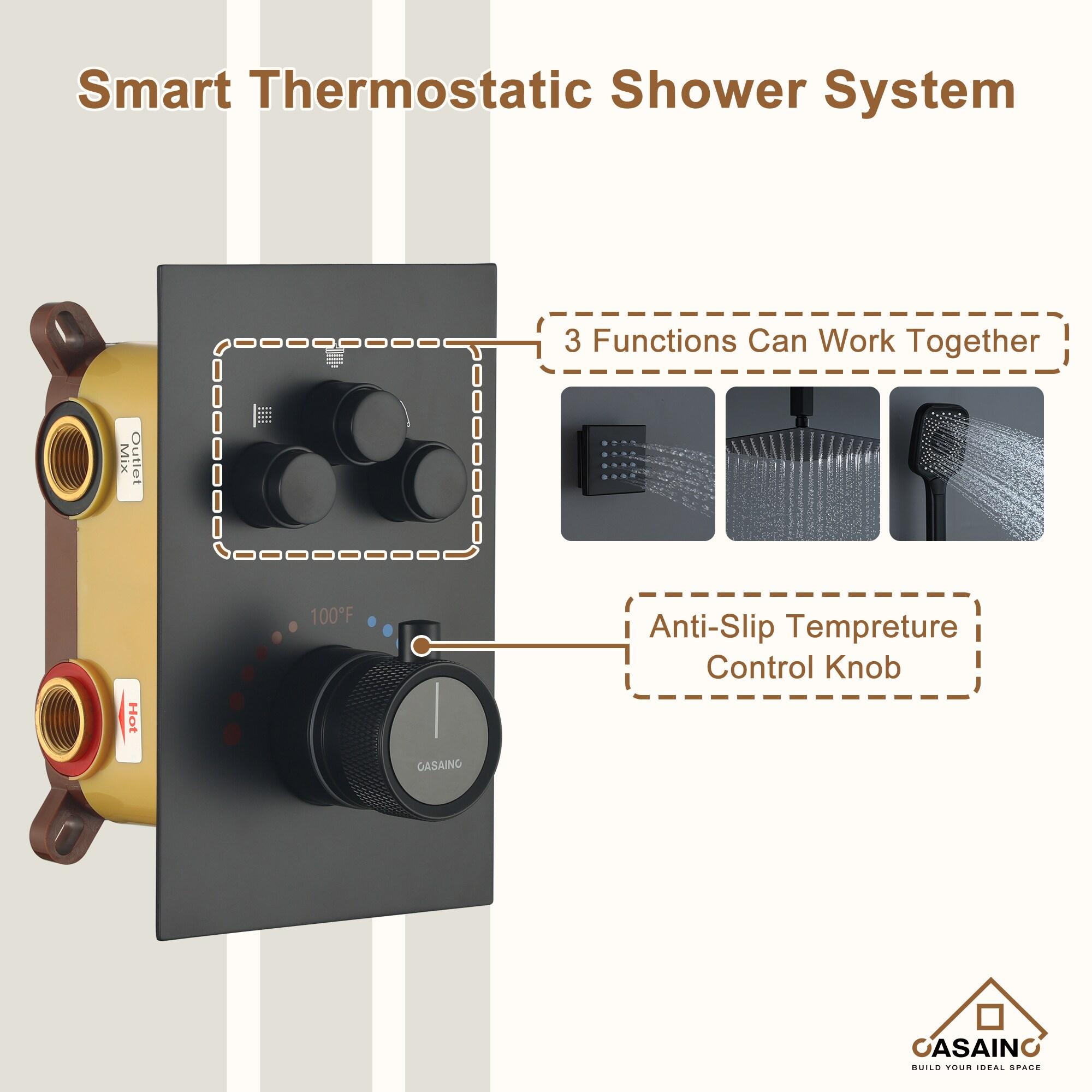 Revitalize 3-Function 12 Inch Ceiling Mount Rainfall Thermostatic Shower System with 6 Body Jets