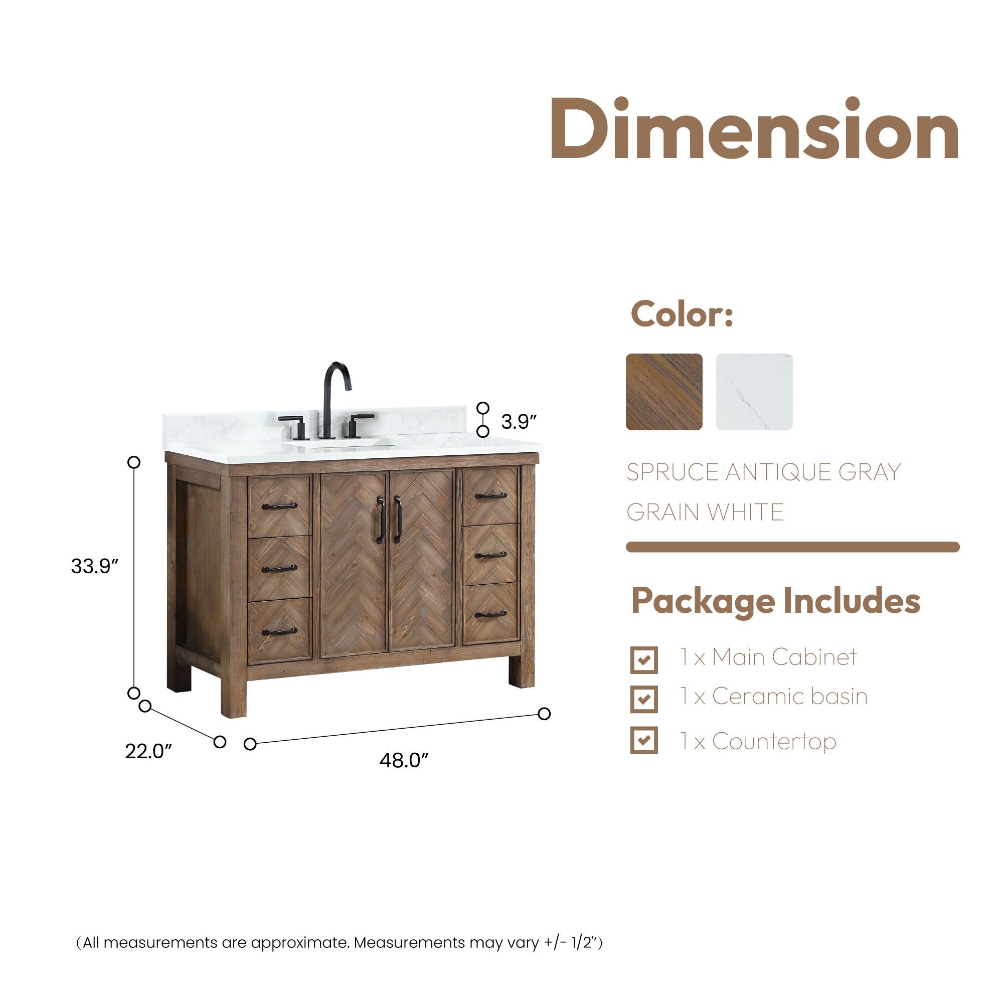 Javier 48" Bath Vanity in Spruce Antique Gray with White Grain Composite Stone