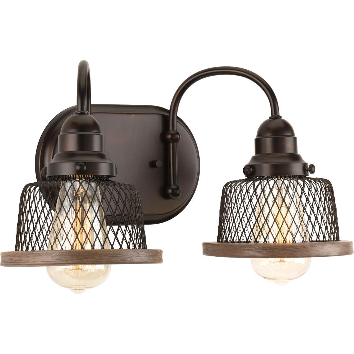 Progress Lighting Tilley 2-Light Bath & Vanity in Antique Bronze, Steel, Industrial Style, Metal Mesh Shades