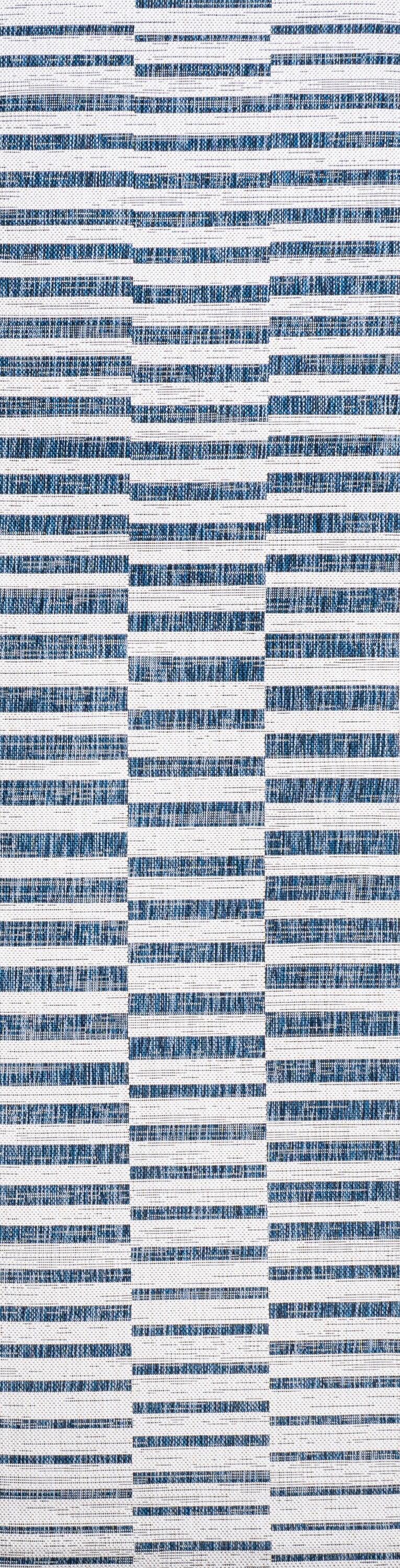 2'x8' Sukie Modern Offset Stripe Indoor/Outdoor Runner Rug, Ivory/Blue - JONATHAN Y