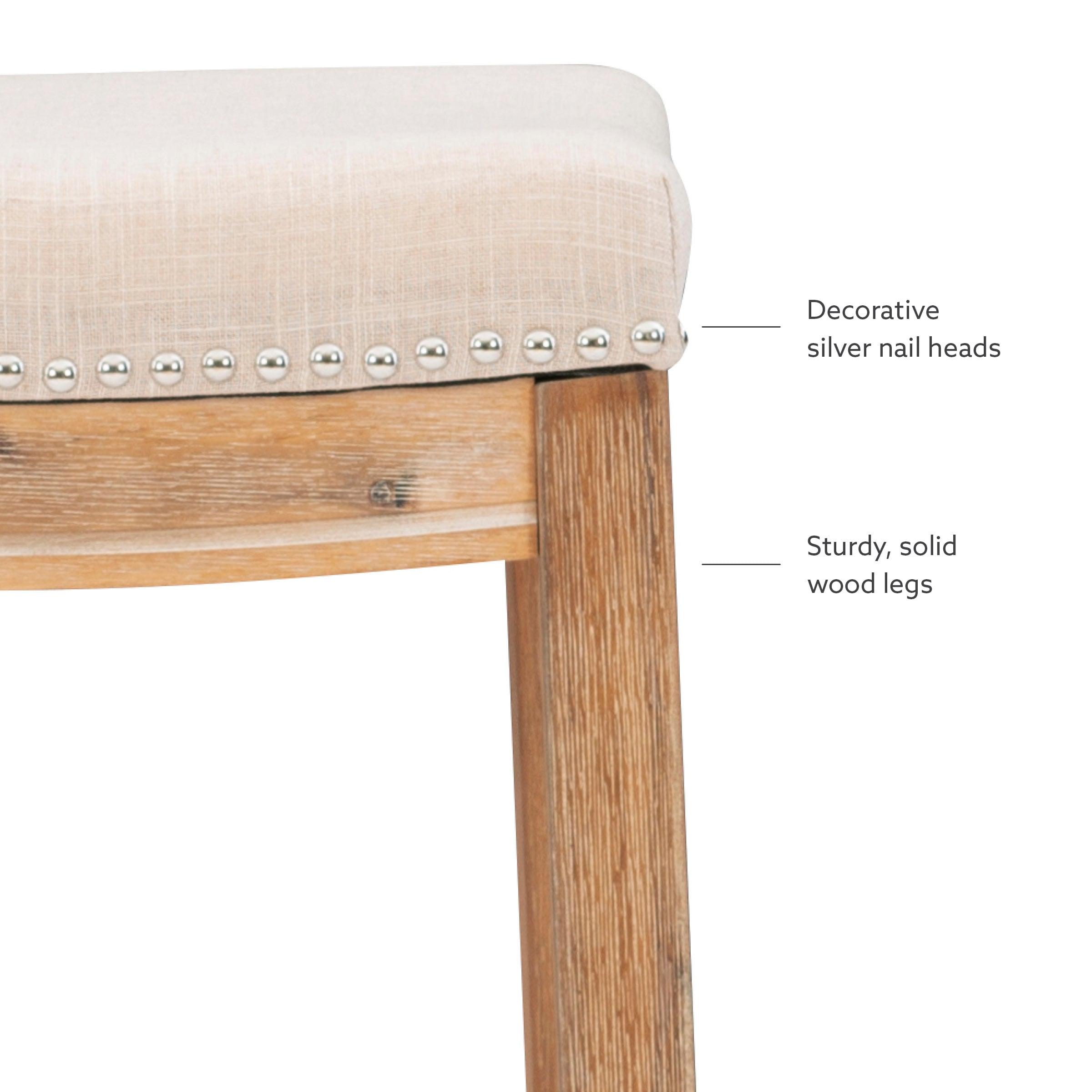 Claridge Backless Nailhead Saddle Acacia Counter Height Barstool Natural - Linon: Chic Beige Linen Seat, Rubberwood
