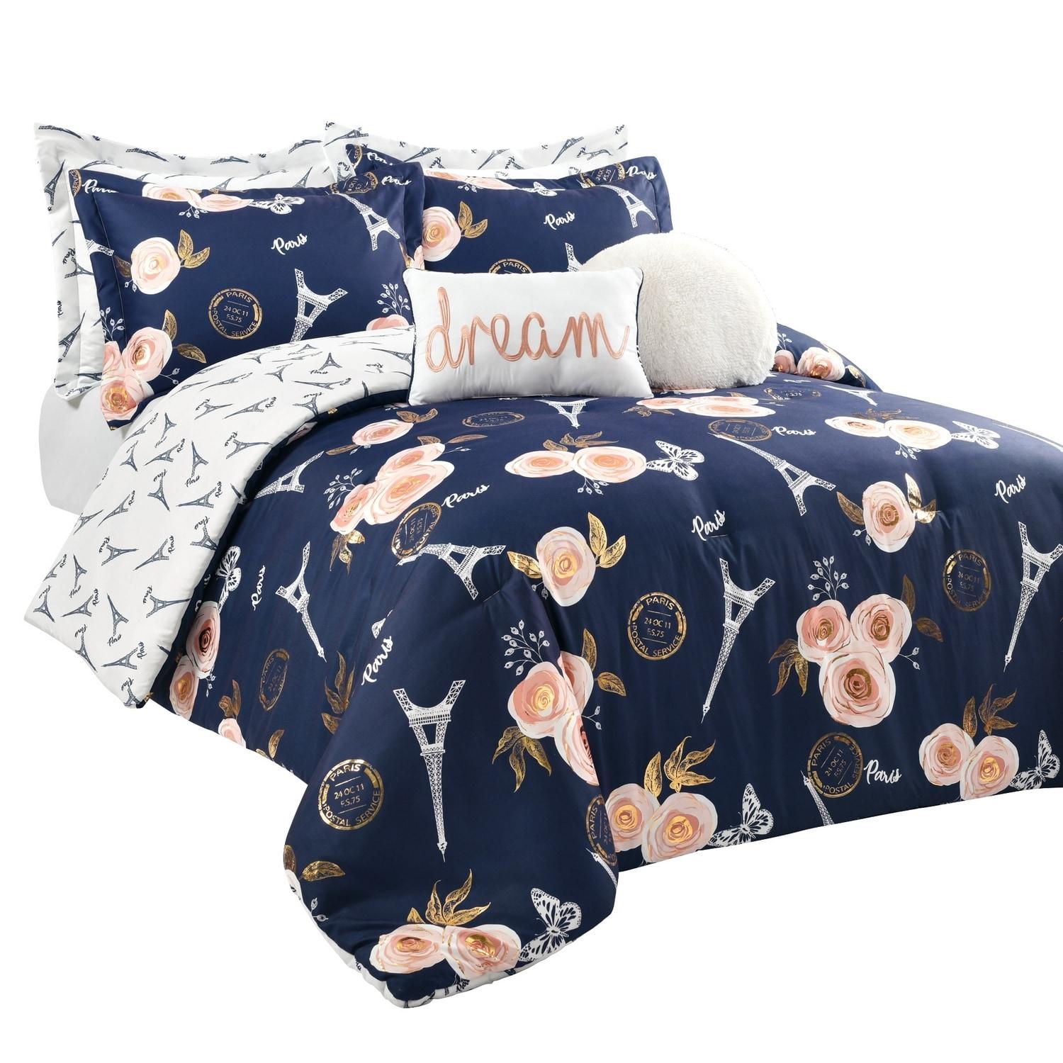 Lush Decor Vintage Paris Rose Butterfly Script Microfiber Reversible 7 Piece Comforter Set