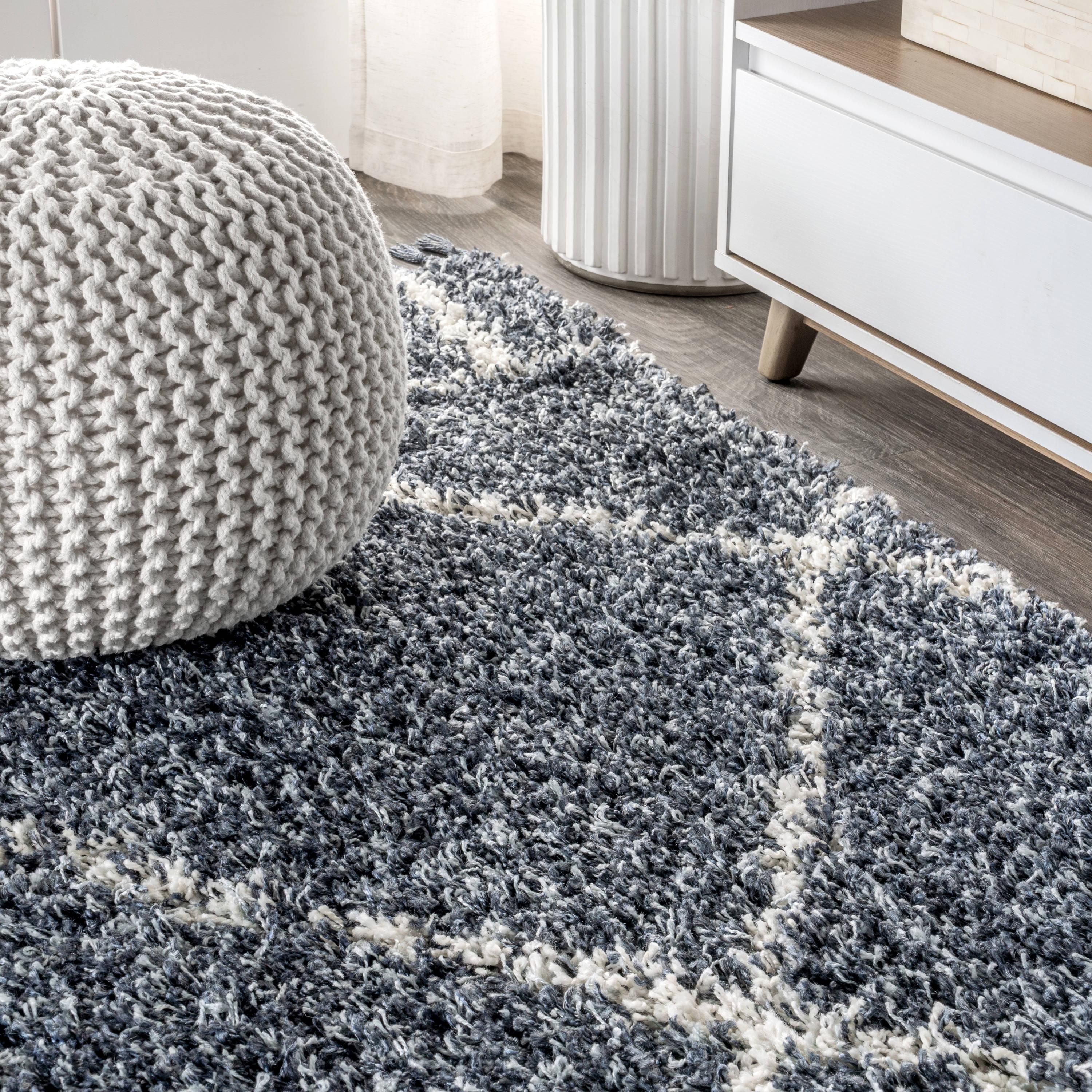 4'x6' Mercer Shag Plush Tassel Moroccan Geometric Trellis Area Rug, Denim/Cream - JONATHAN Y