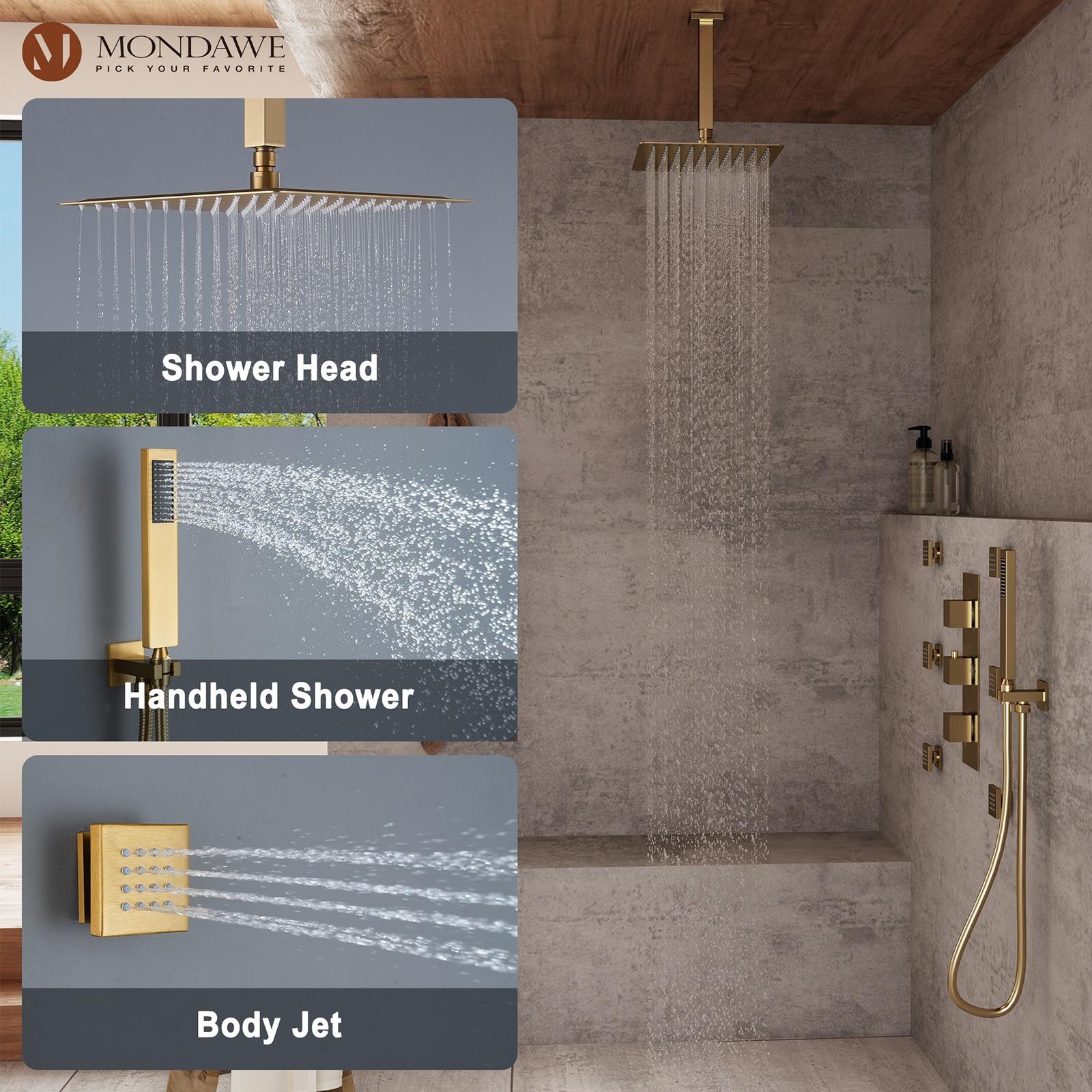 mondawe WF6310-12BG Herathena 3 Functions Ceiling Mounted Luxury Shower System with 6 Body Jets (Rough-in Valve Included)