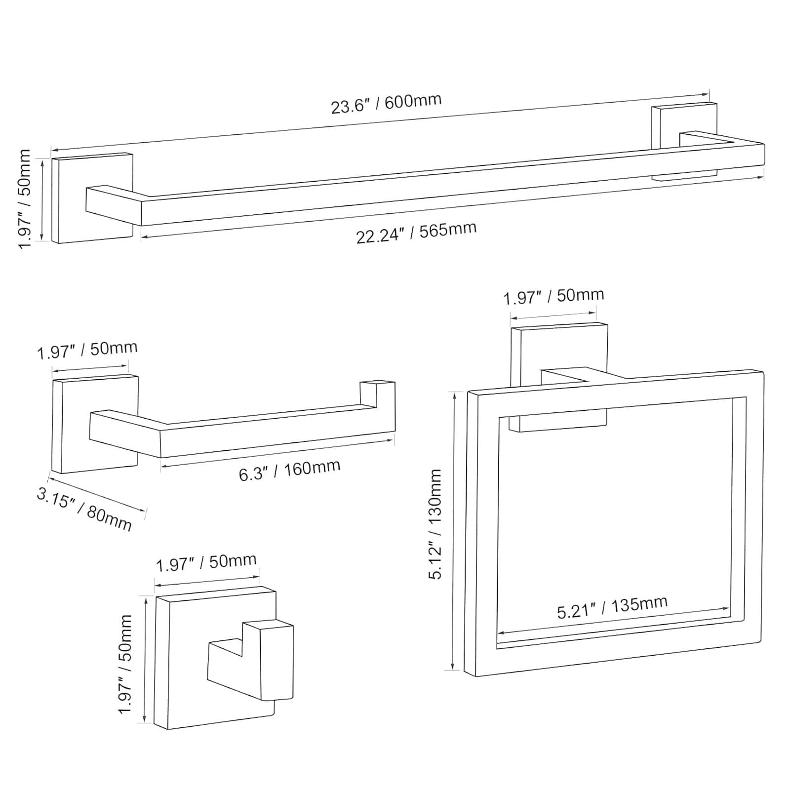 BWE 5-Piece Bath Hardware Set with Towel Bar, 2 Towel Hook,Toilet Paper Holder and Towel Ring