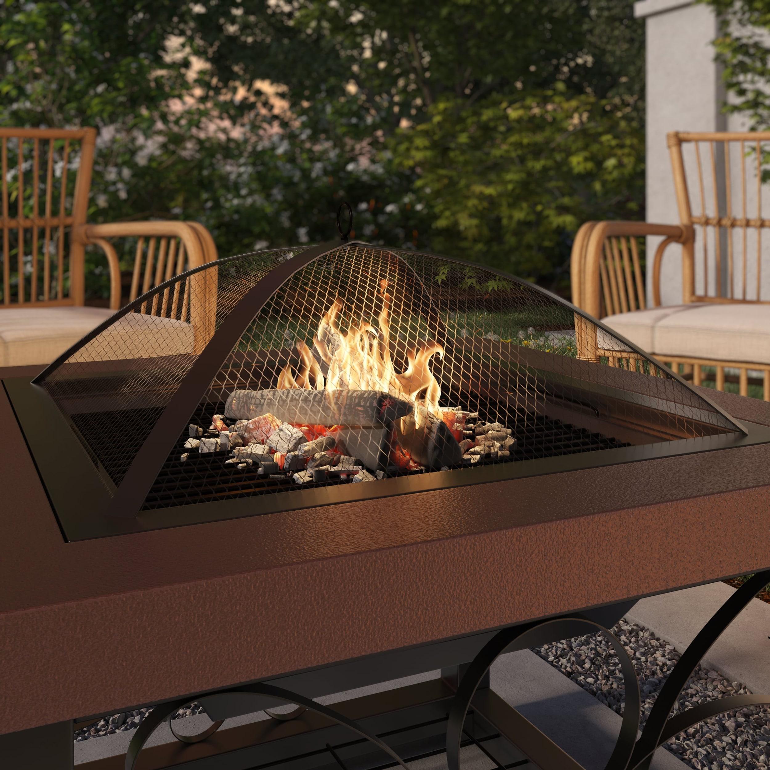 Fire Sense Fire Pit Cocktail Square Table Wood Burning Mesh Spark Screen Wood Grate with Storage Rack – Hammered Bronze Finish