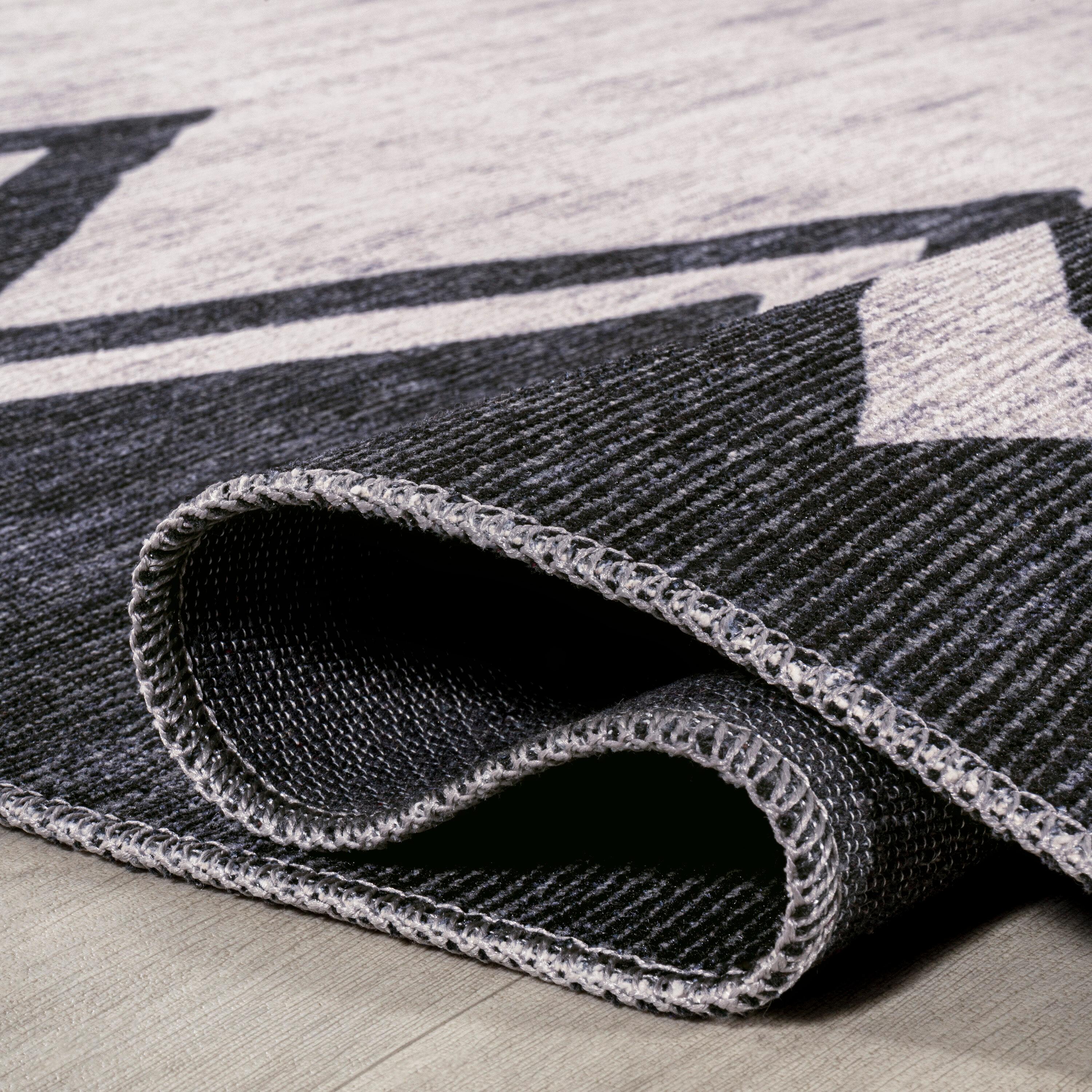 3' x 5' Siksak Modern Chevron Border Machine-Washable Area Rug, Ivory/Black - JONATHAN Y