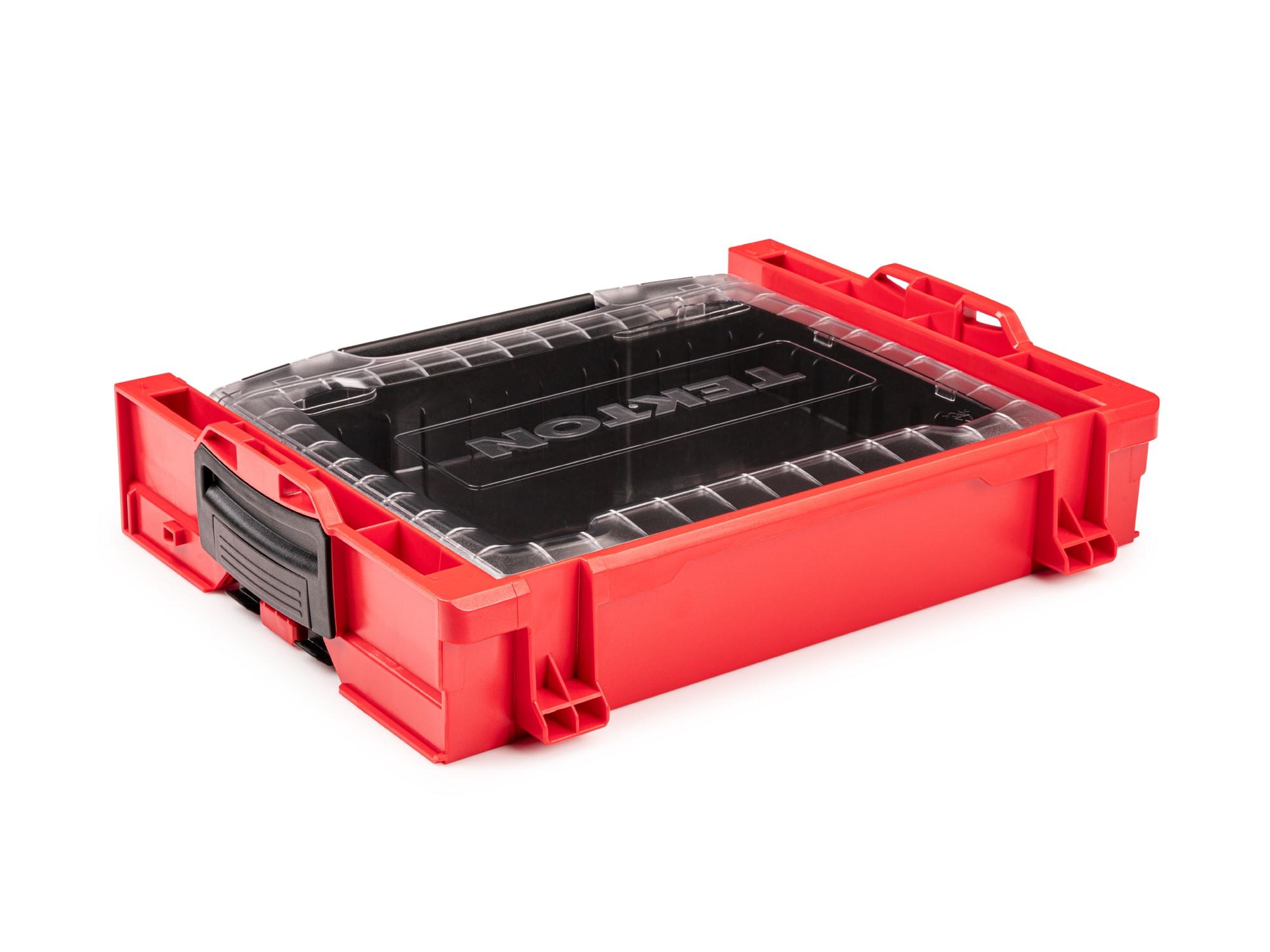 Red and Black Plastic Stacking Tool Box with Clear Lid