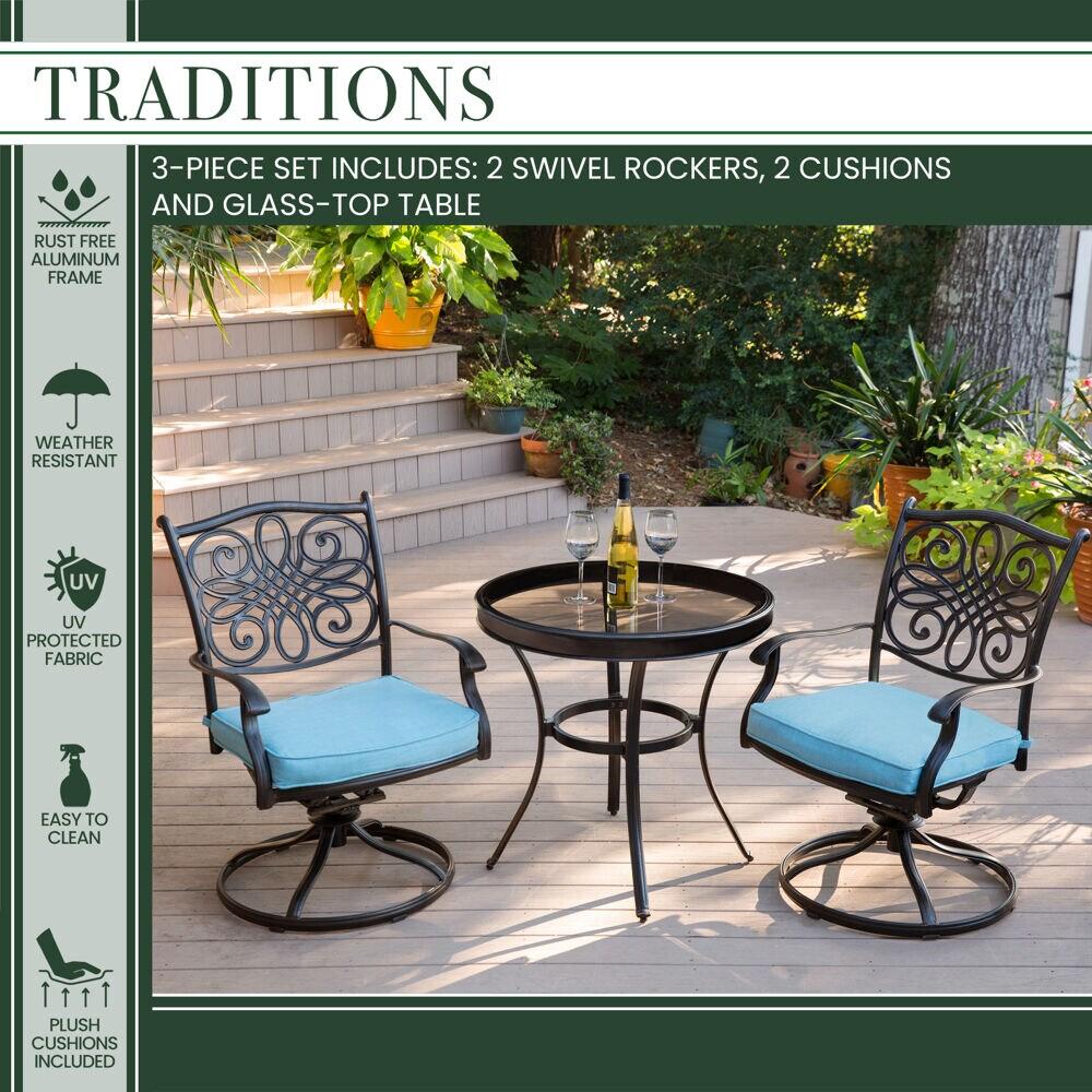 Hanover Traditions 3-Piece Swivel Bistro Set in Blue with 30 in. Glass-top Table