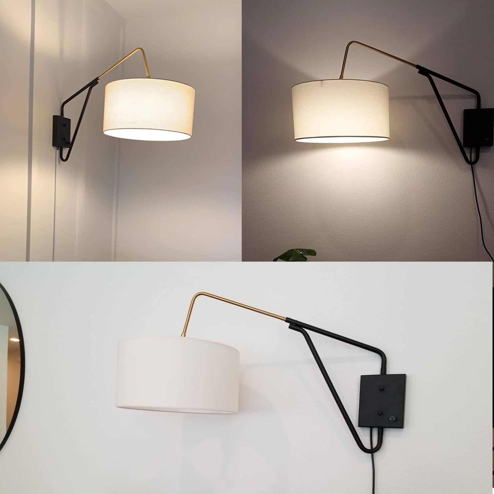 Claxy Black Plug in Wall Sconce Swing Arm Wall Lamp with Drum Fabric Shade