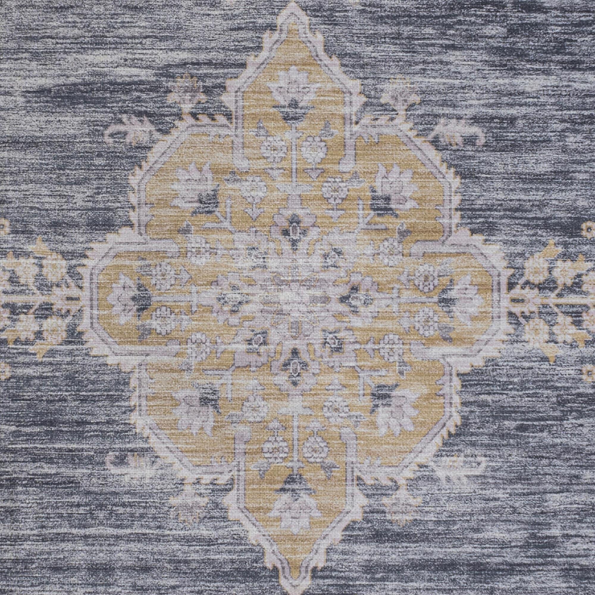 Wincer Chenille Cottage Medallion Machine-Washable Dark Gray/Yellow 3 ft. x 5 ft. Area Rug - JONATHAN Y