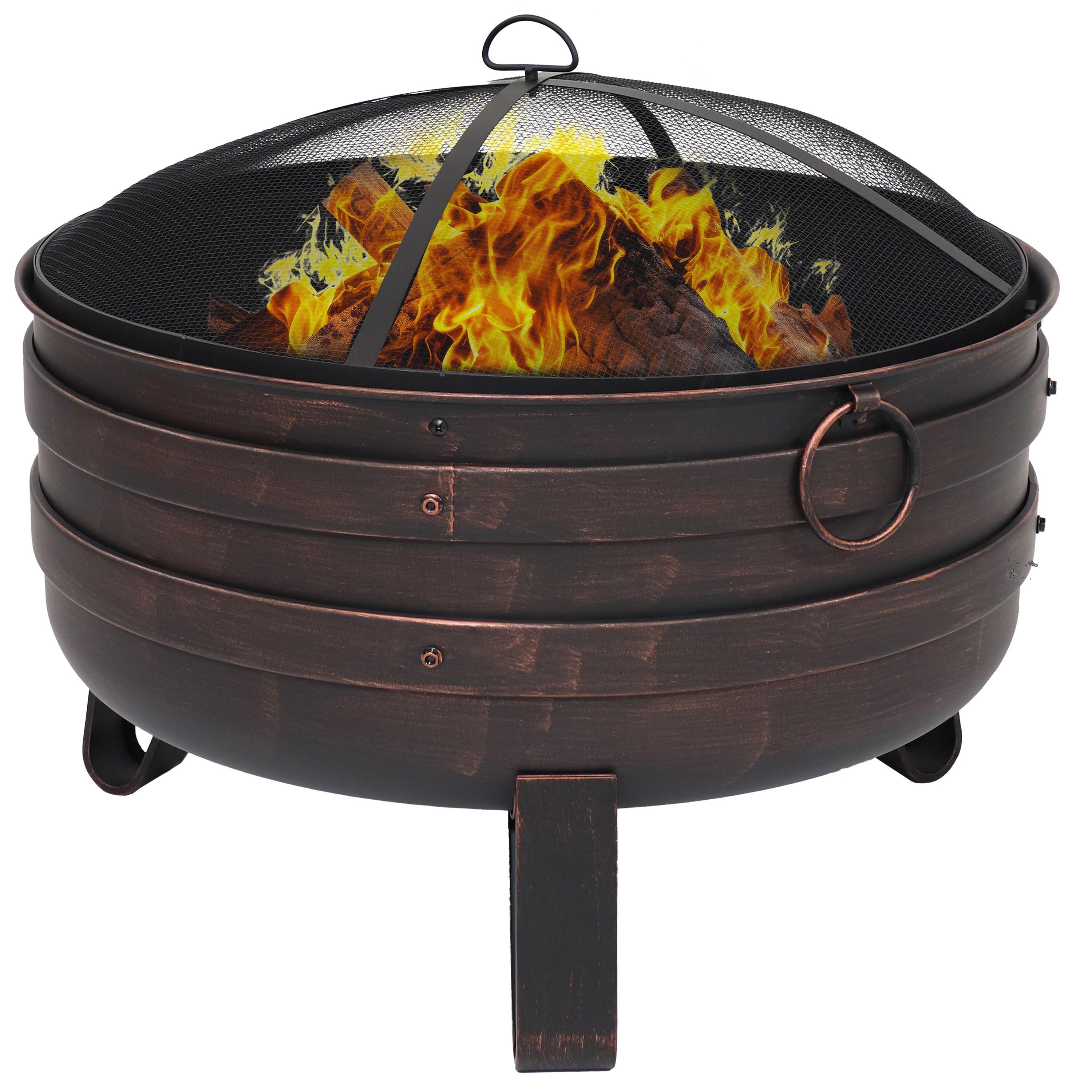 Sunnydaze Heavy-Duty Steel Cauldron Fire Pit with Spark Screen and PVC Protective Cover - 28.5-Inch Round - Brushed Bronze