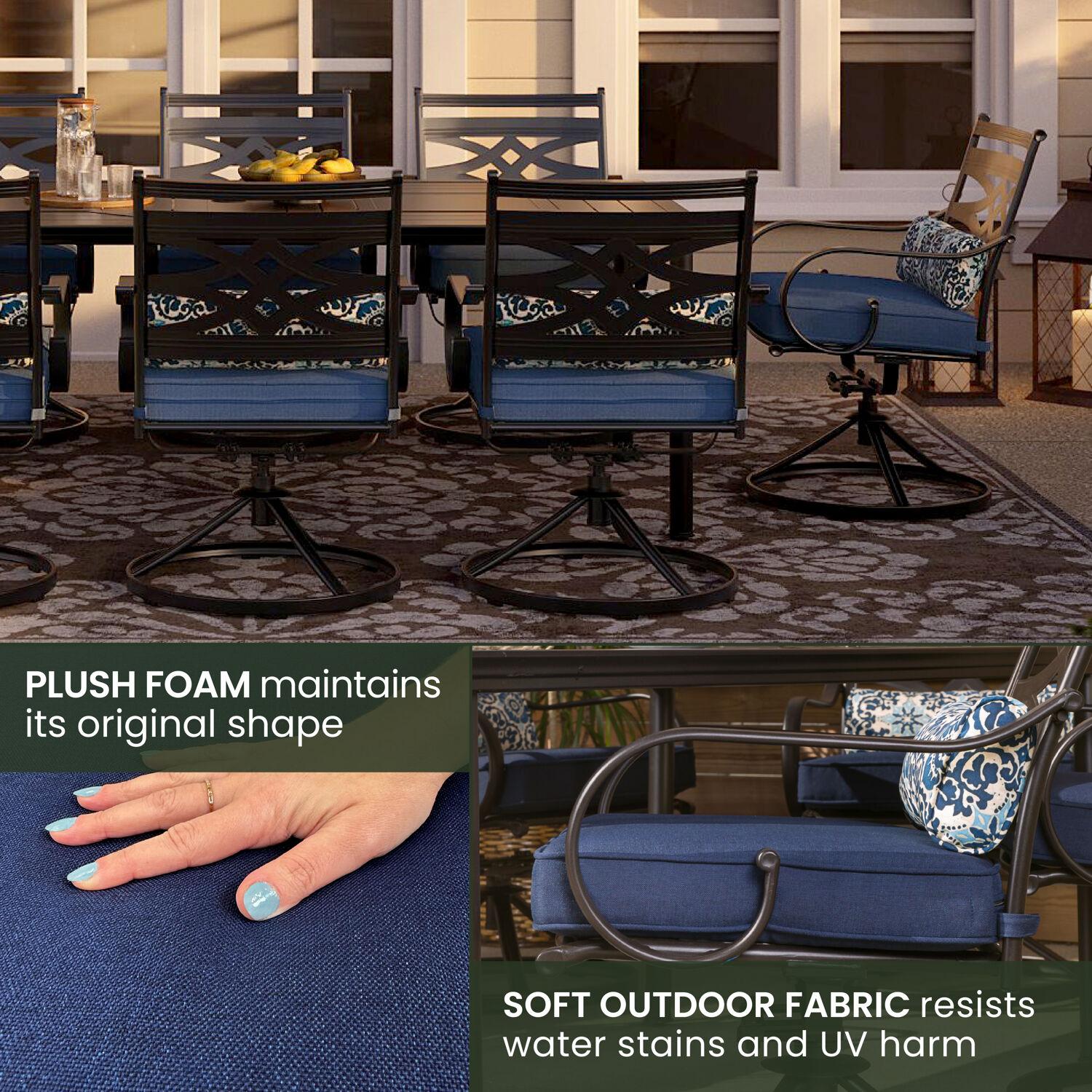 Hanover Montclair 9-Piece All-Weather Outdoor Patio Dining Set, 8 Swivel Rocker Chairs with Comfortable Seat and Lumbar Cushions, 84"x42" Stamped Rectangle Table, MCLRDN9PCSW8-NVY