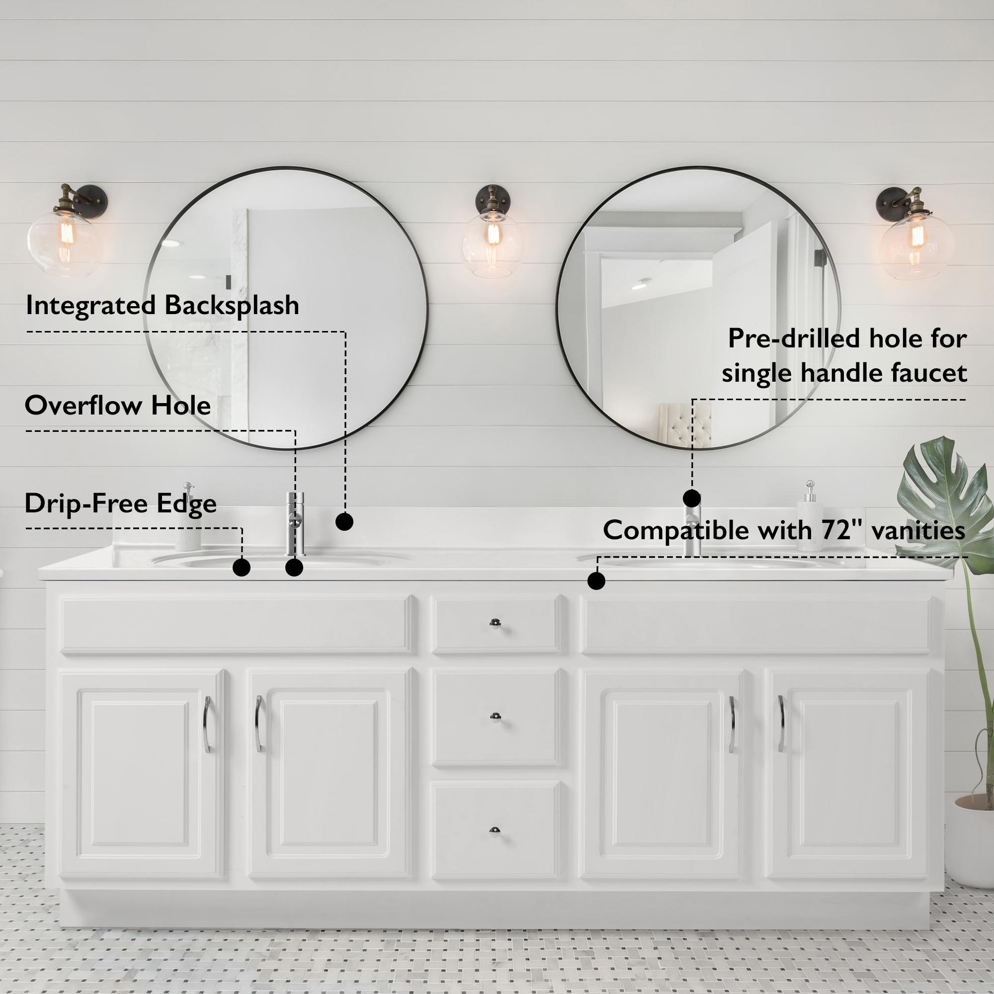 73 Inch Cultured Marble Vanity Top Two Sinks with Backsplash, White