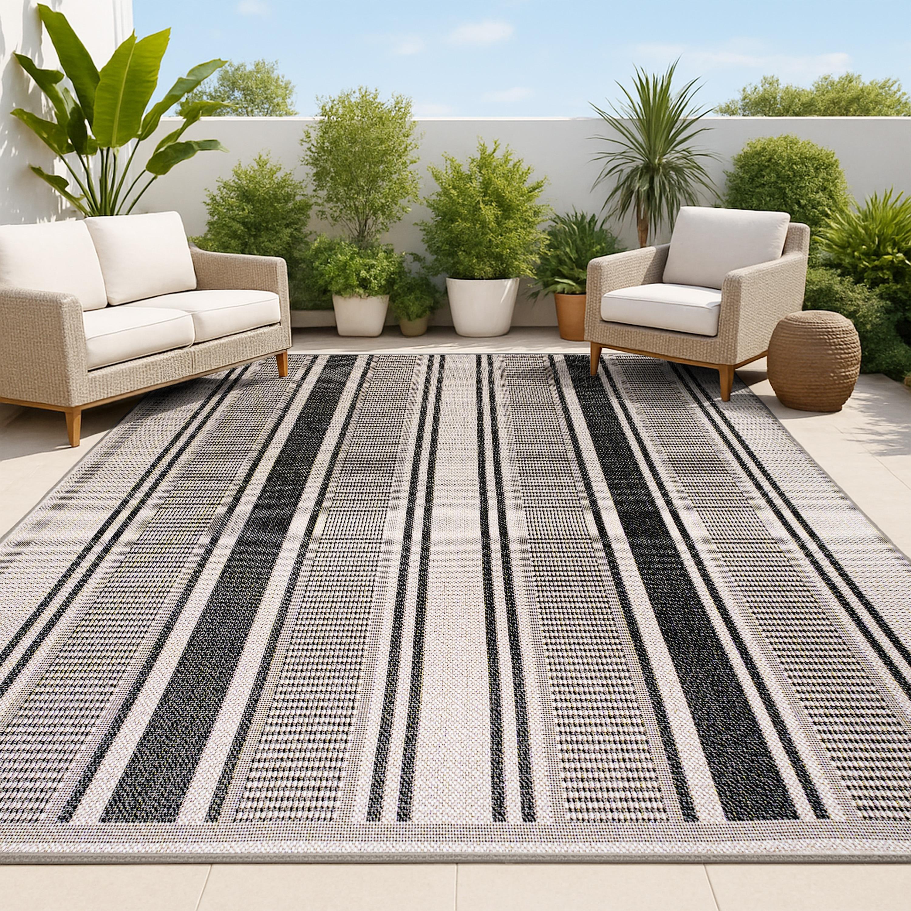 3' x 5' Haynes Modern Double Stripe Indoor/Outdoor Area Rug, Black/Beige - JONATHAN Y