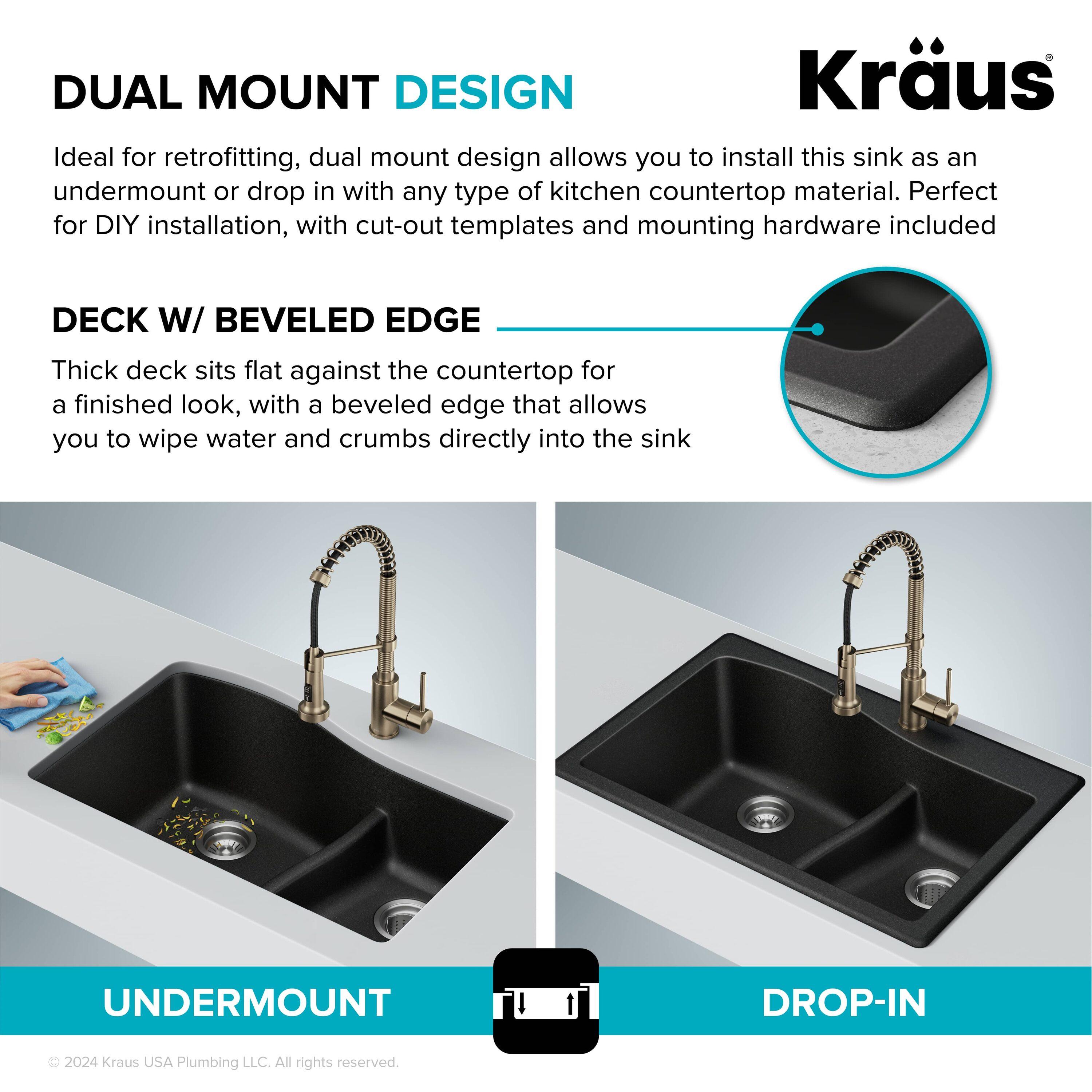 KRAUS Quarza™ 33" L Dual Mount 60/40 Double Bowl Granite Kitchen Sink