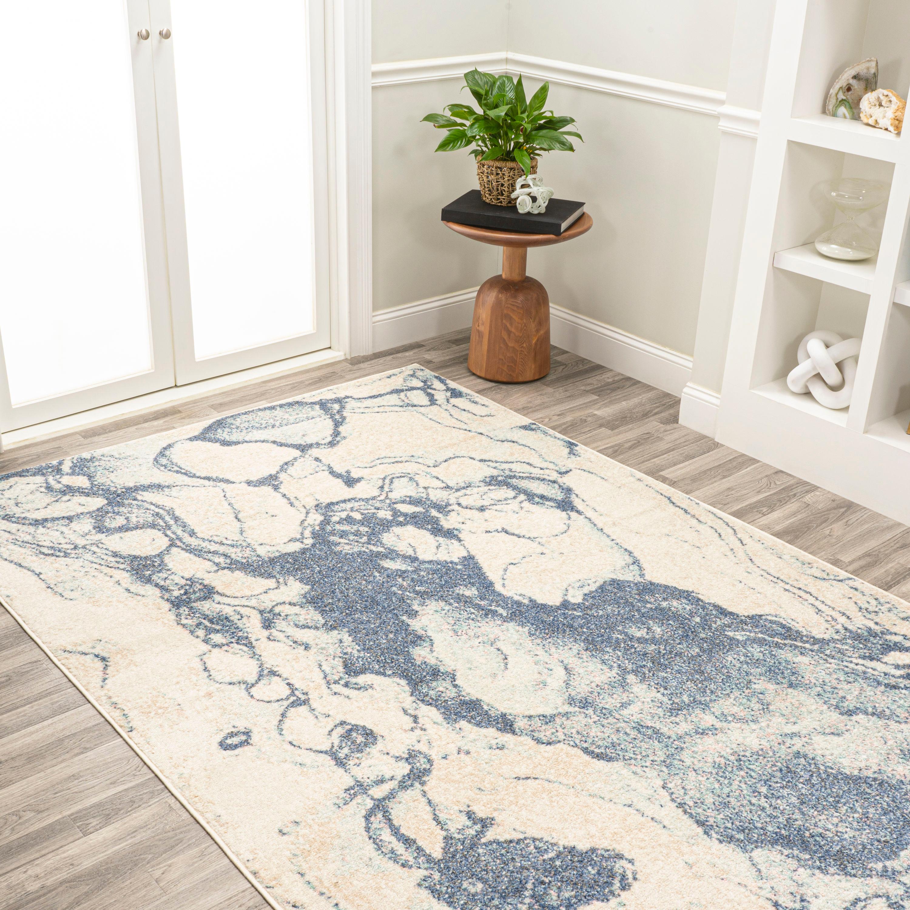 8' x 10' Marmo Abstract Marbled Modern Area Rug, Blue/Cream - JONATHAN Y