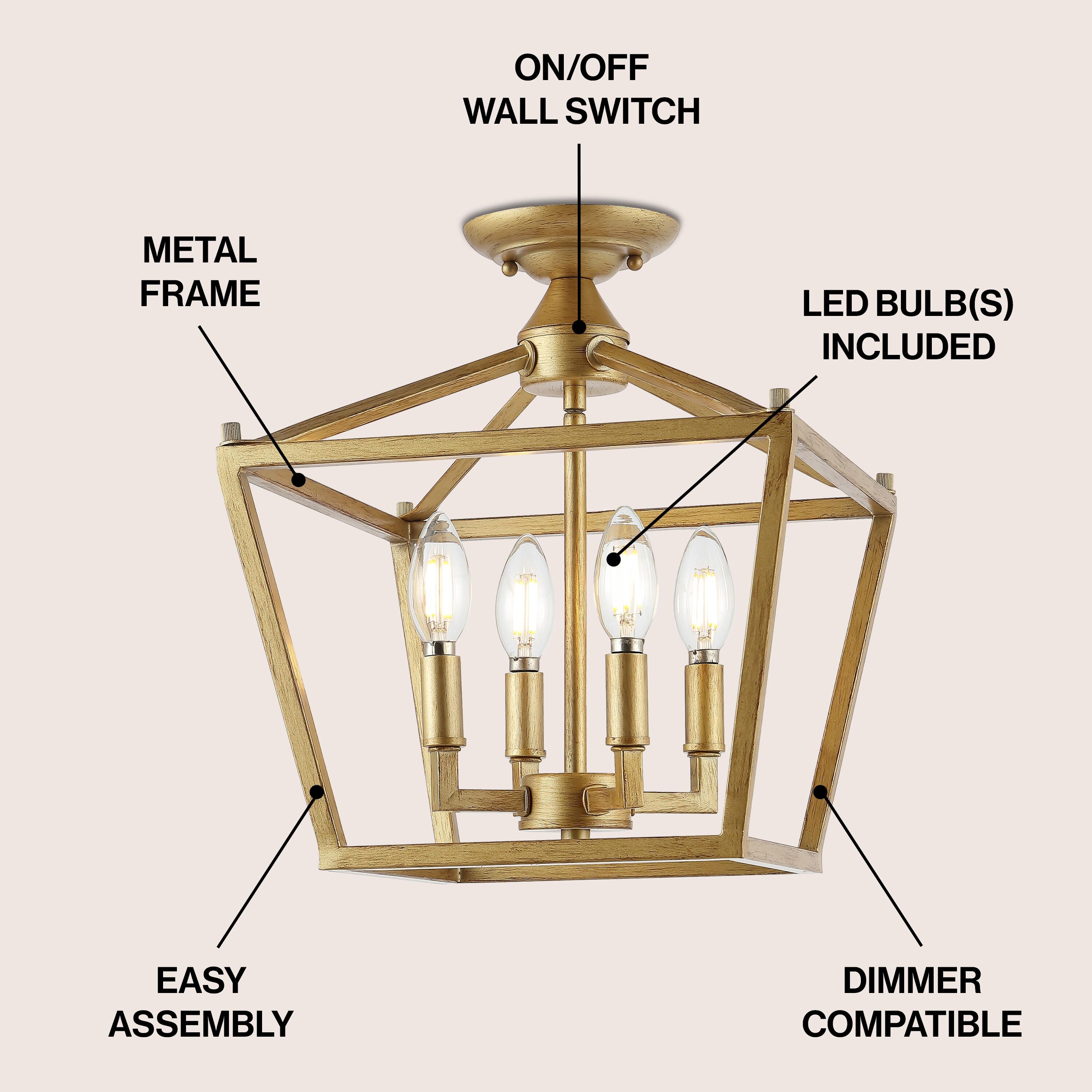 Plains Mini Lantern 12 in. 4-Light Brass Gold Iron Modern Farmhouse LED Flush Mount,