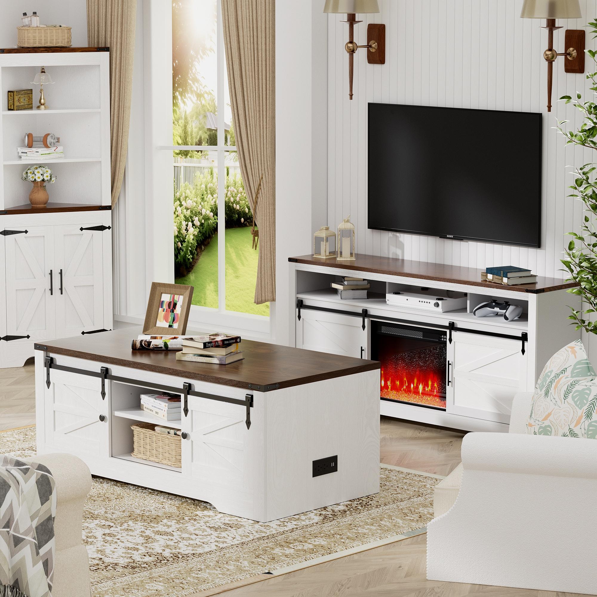 OKD 48" Farmhouse Lift Top Coffee Table with Sliding Barn Door & Adjustable Shelf, Antique White