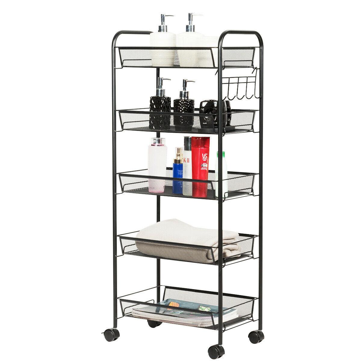 Costway 5 Tier Storage Rack Trolley Cart Home Kitchen Organizer Utility Baskets Black