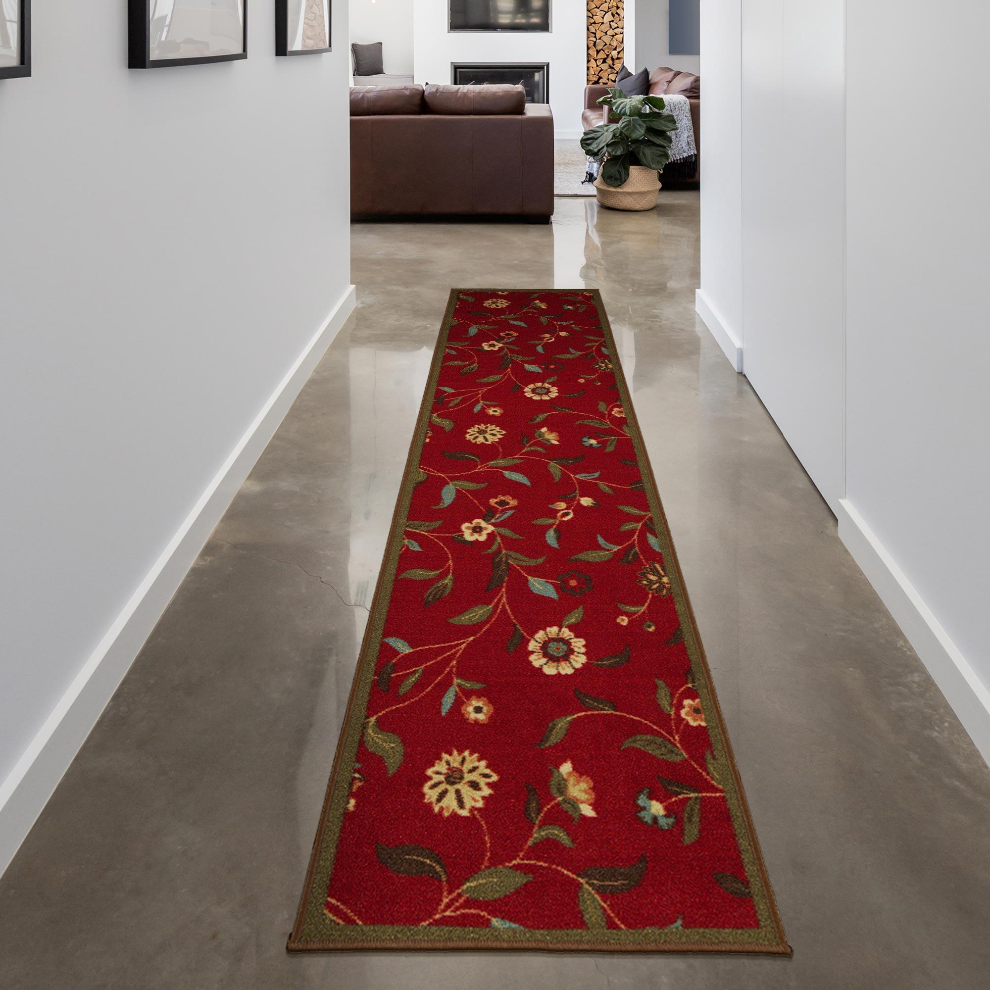 Ottohome Non-Slip Floral Leaves Area Rug For Living Room, Hallway, Entryway Rug, Dark Red