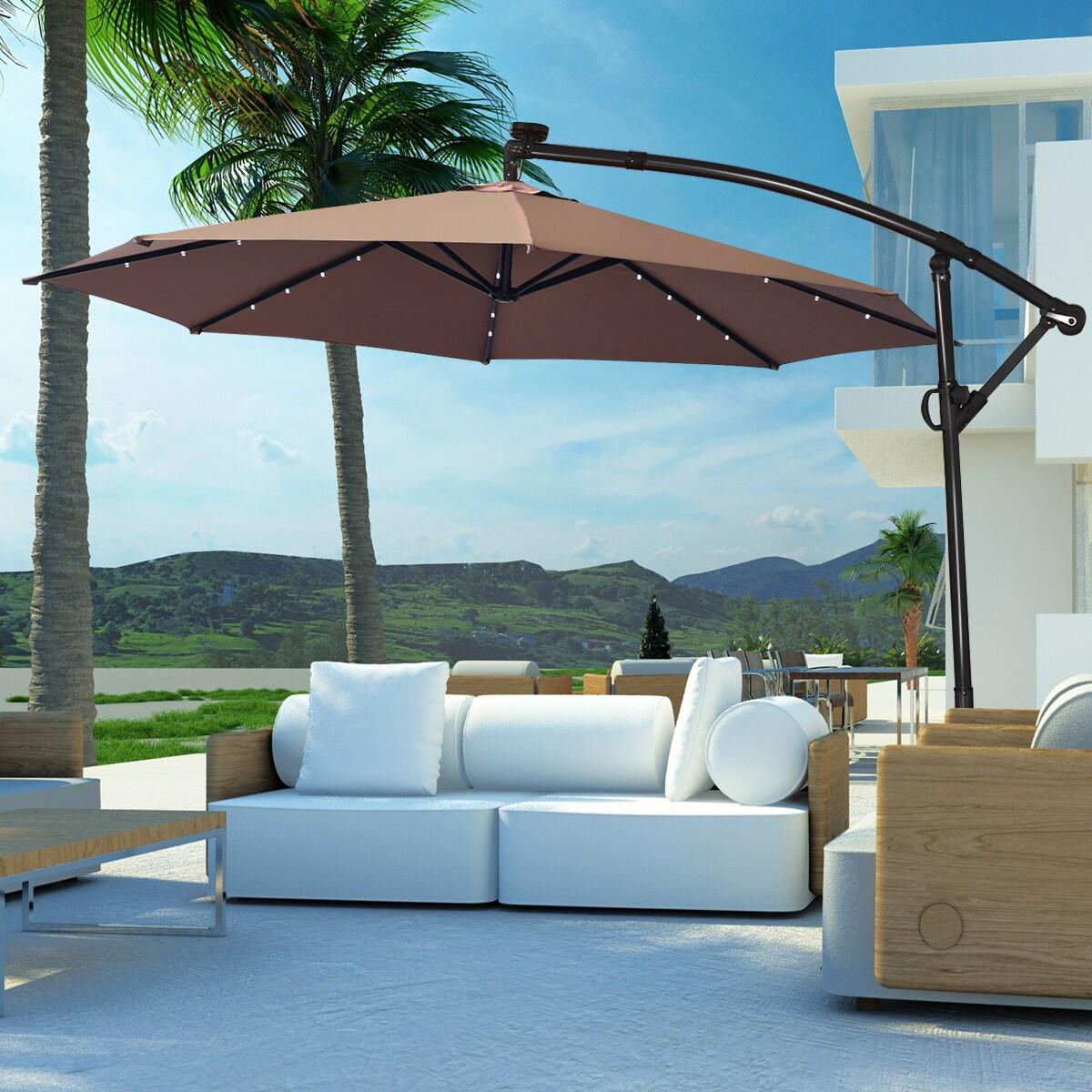 GVN 10 ft 360° Rotation Solar Powered LED Patio Offset Umbrella without Weight Base-Tan, Patio Offset Umbrella with Easy Tilt Adjustment, Cantilever Patio Umbrellas, Sunshade Umbrella Canopy