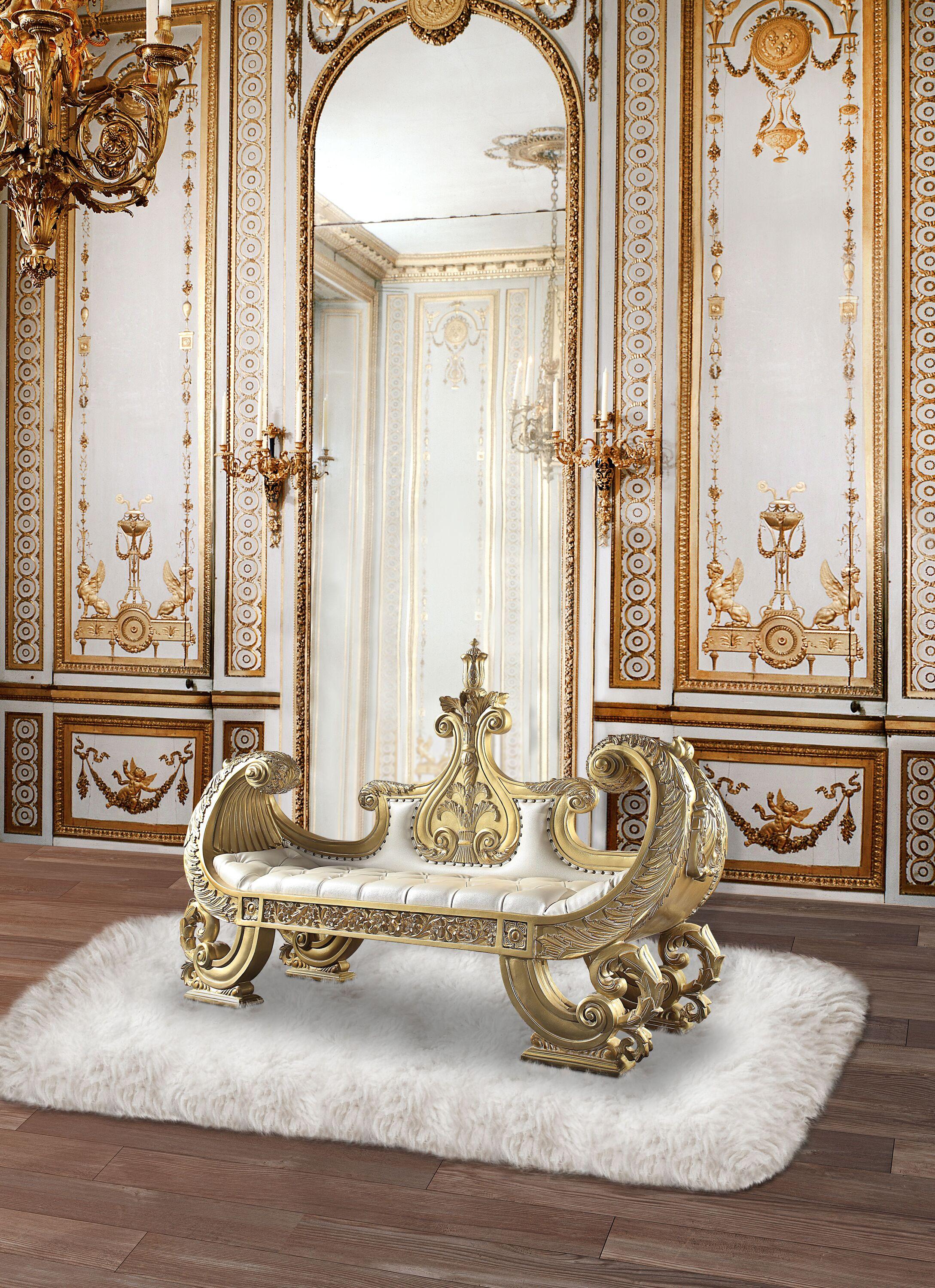 71" Bernadette Ottoman and Bench White Synthetic Leather Fabric and Gold Finish - Acme Furniture: Rectangle, No Assembly, Metal Legs