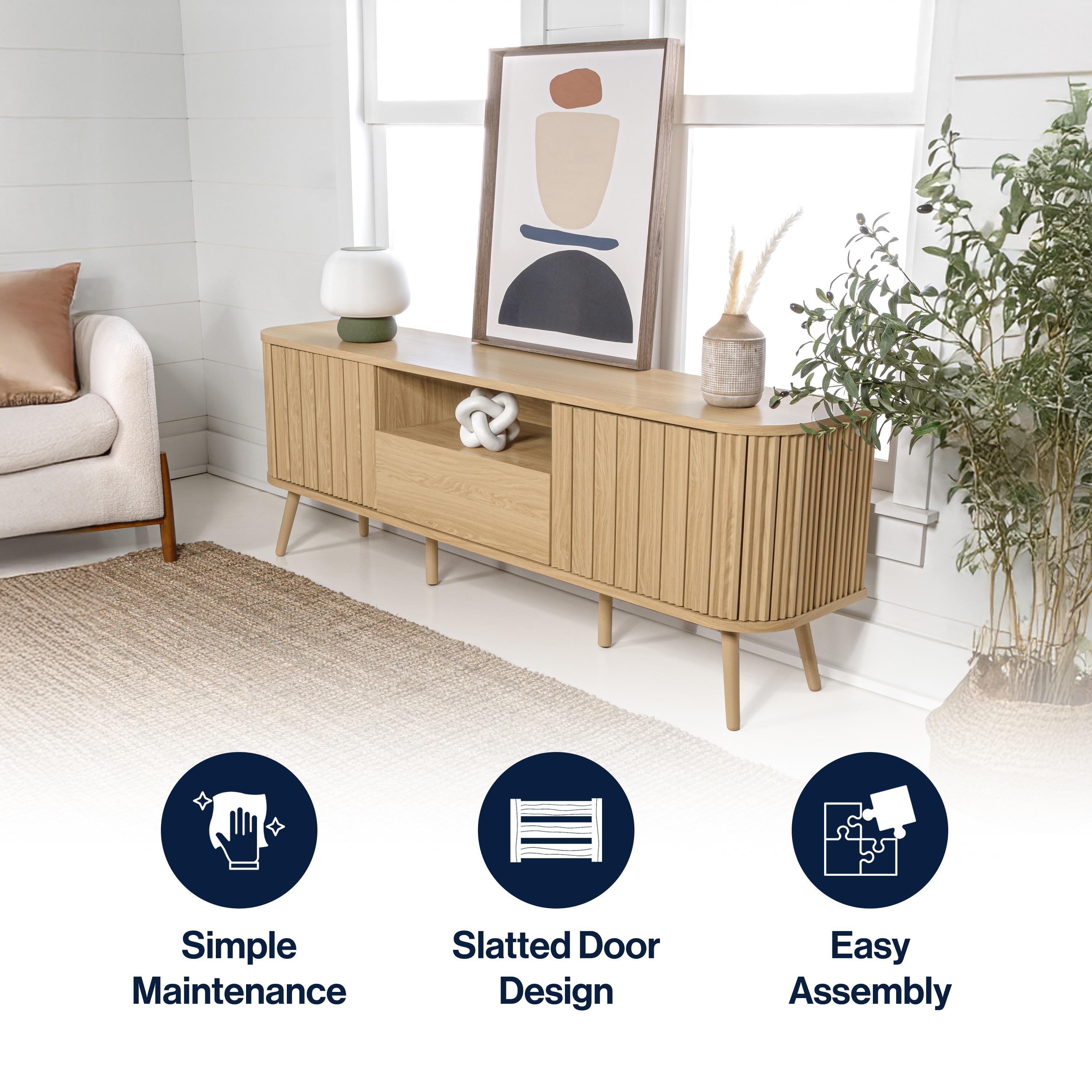 JONATHAN Y Damien 70 in. Farmhouse Curved TV Stand with Drawer and Storage Doors Fits TVs up to 75 in. with Cable Management, Oak