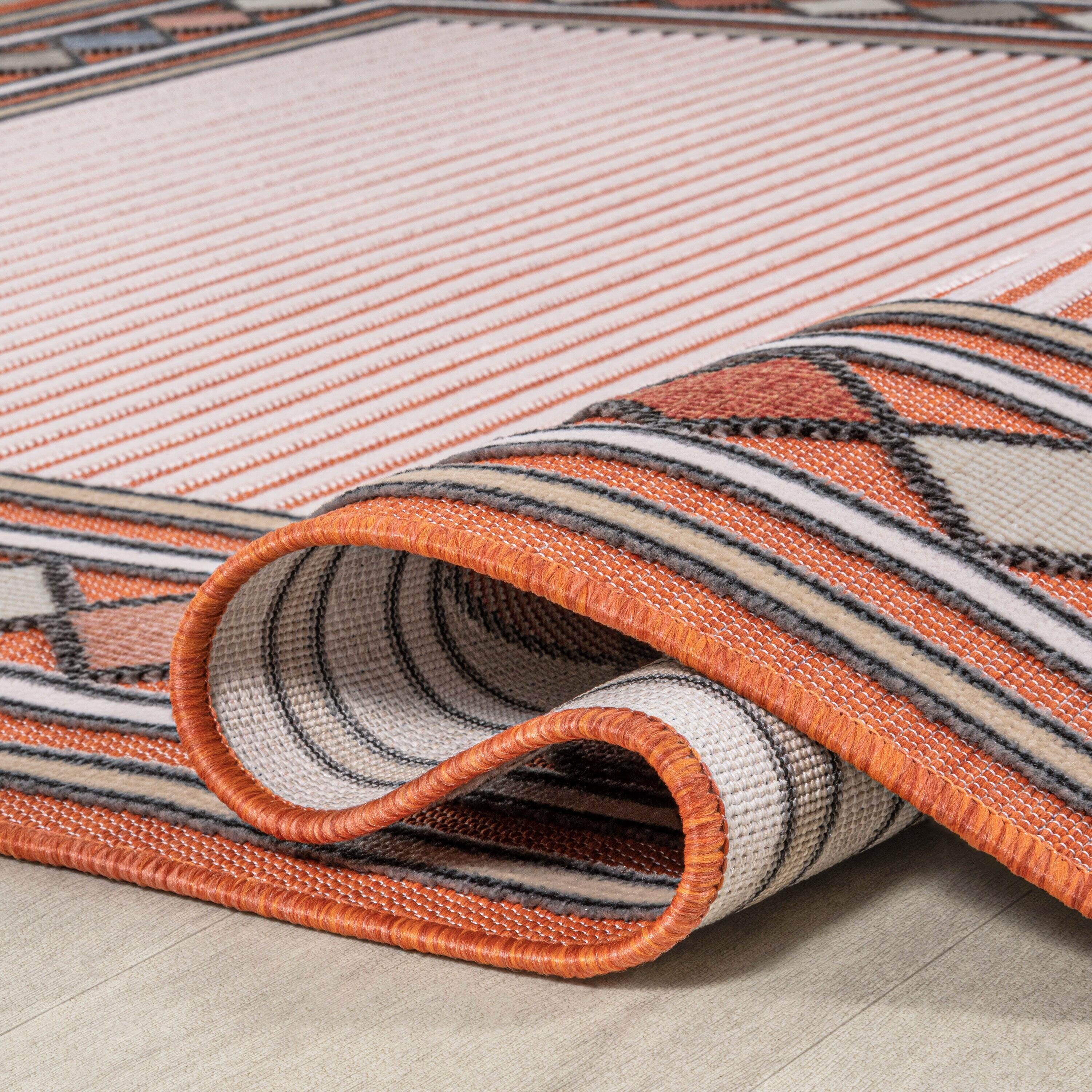 JONATHAN Y Sebastian High-Low Modern Diamond Border Orange/Ivory 2 ft. x 8 ft. Indoor/Outdoor Runner Rug